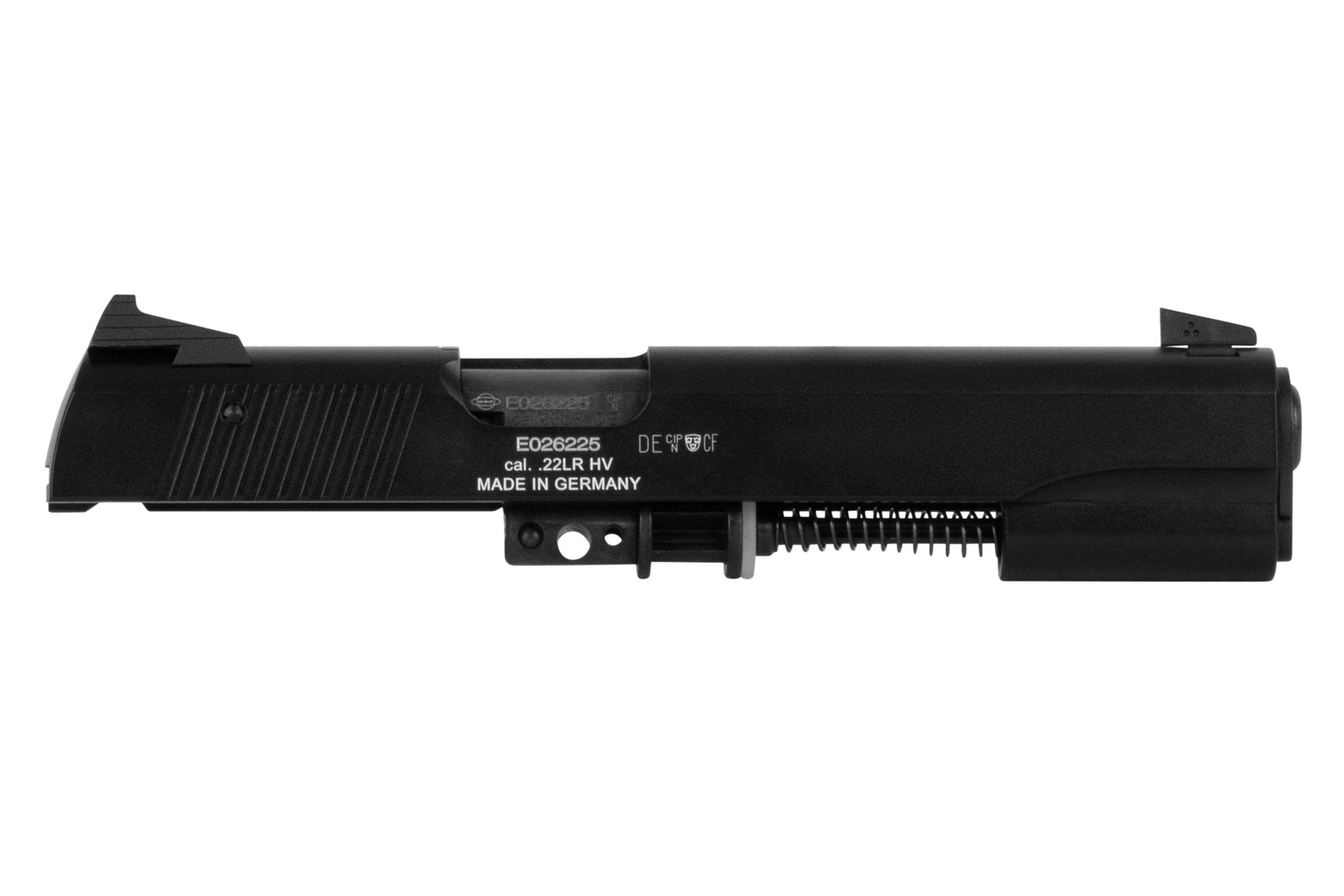 Schwarzer Luftpistolenschlitten für .22LR HV, hergestellt in Deutschland, zeichnet sich durch Präzisionstechnik und Langlebigkeit aus.