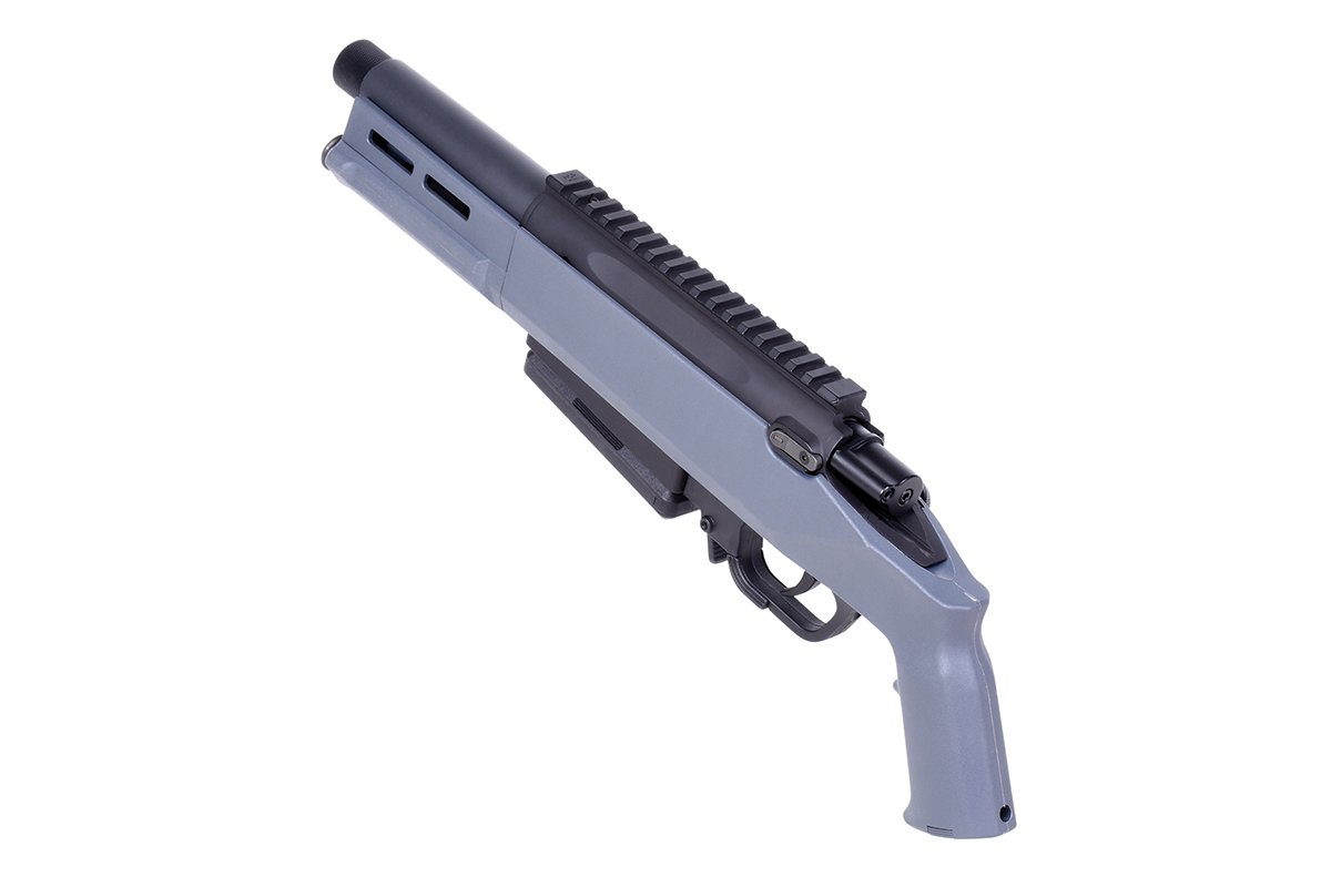 Graue Luftpistole mit taktischem Design und Schienensystem für die Optik, ideal für Schusswaffenliebhaber.