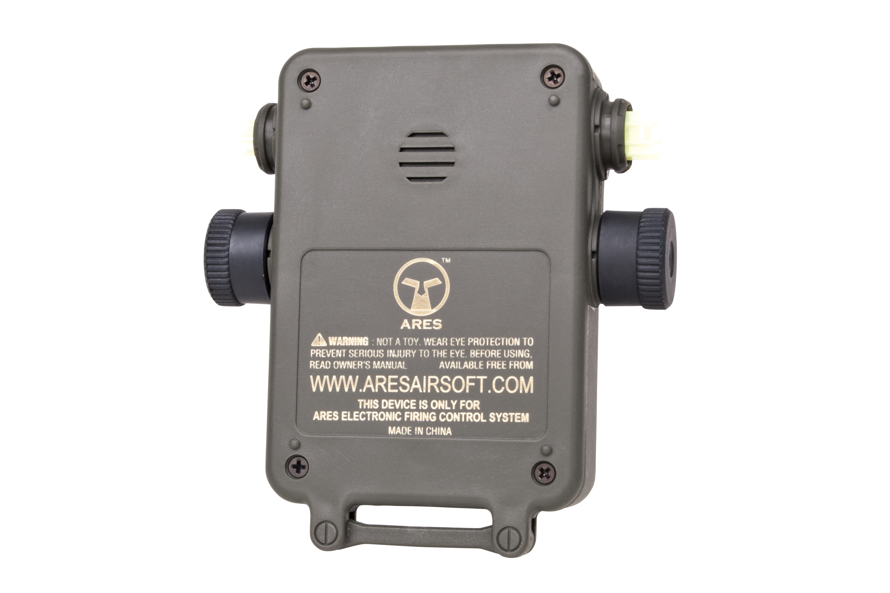 Elektronische Feuerkontrollsystemeinheit von Ares in Olivgrün mit kompaktem Design für die Wartung von Airsoft-Gewehren.