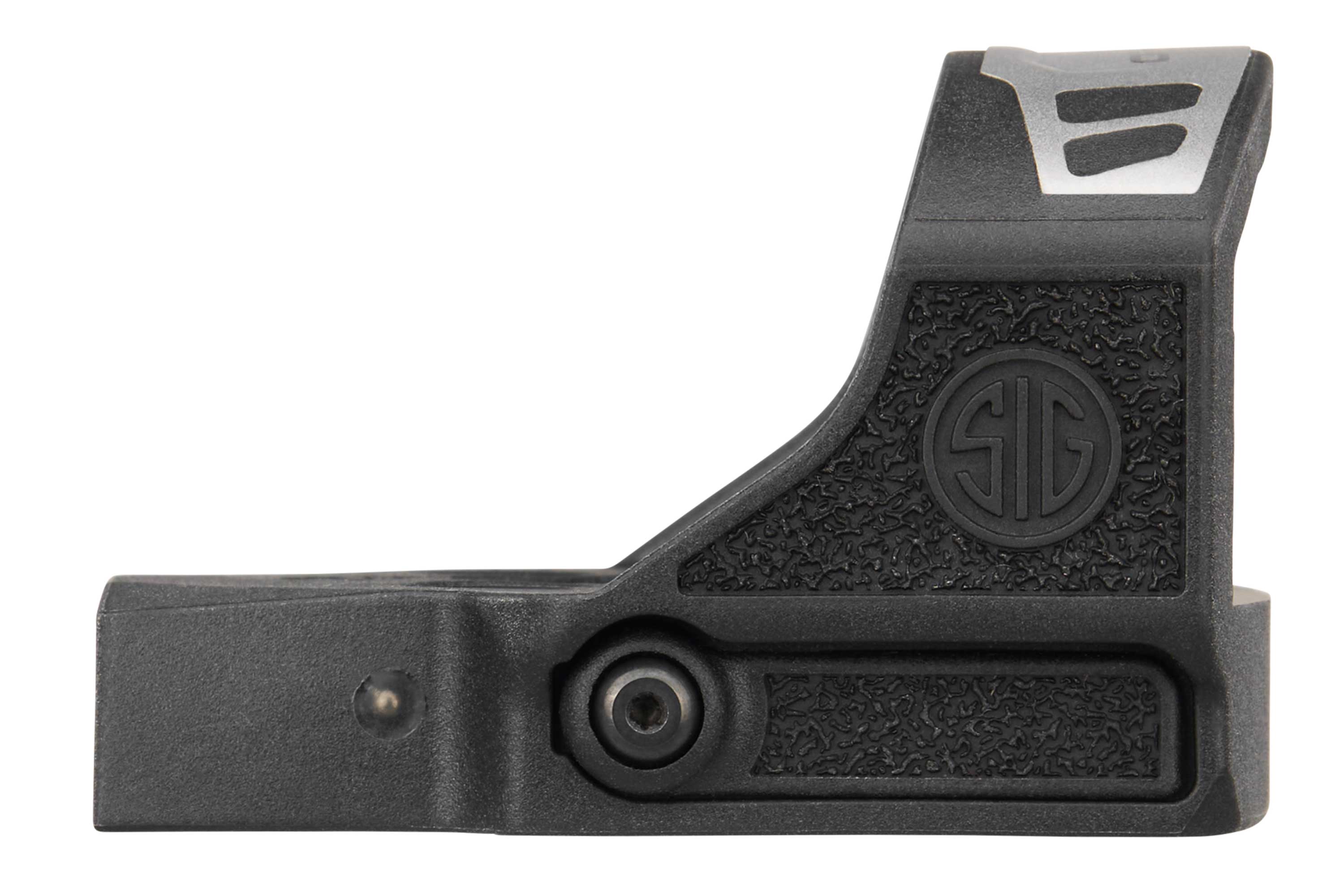 Schwarze Sig Sauer Romeo1 Pro Schutzhülle aus robustem Metall, konzipiert für die Montage an Luftpistolenoptiken.