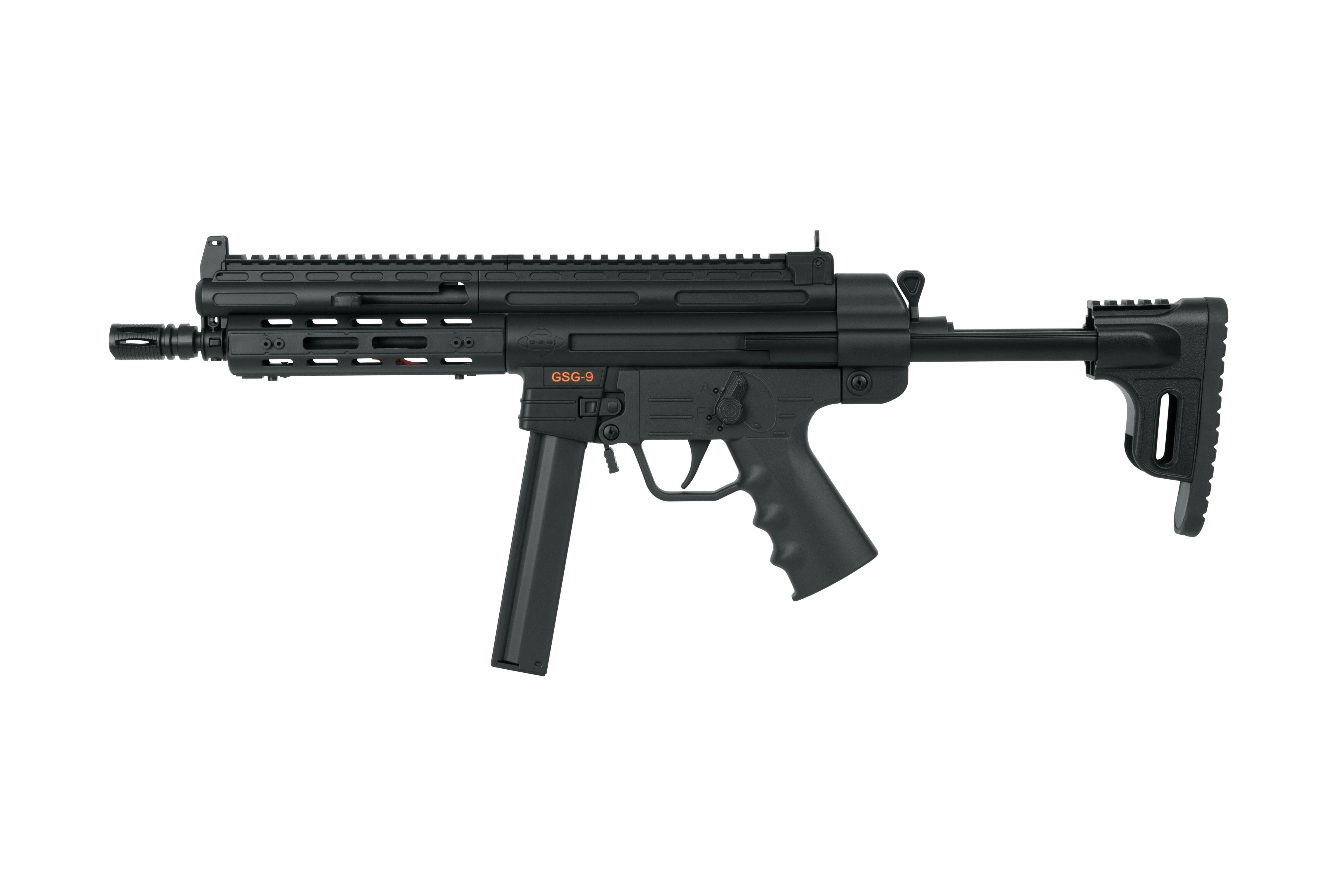 GSG-9 Luftgewehr in Schwarz mit verstellbarem Schaft und taktischem Schienensystem für Zubehör.