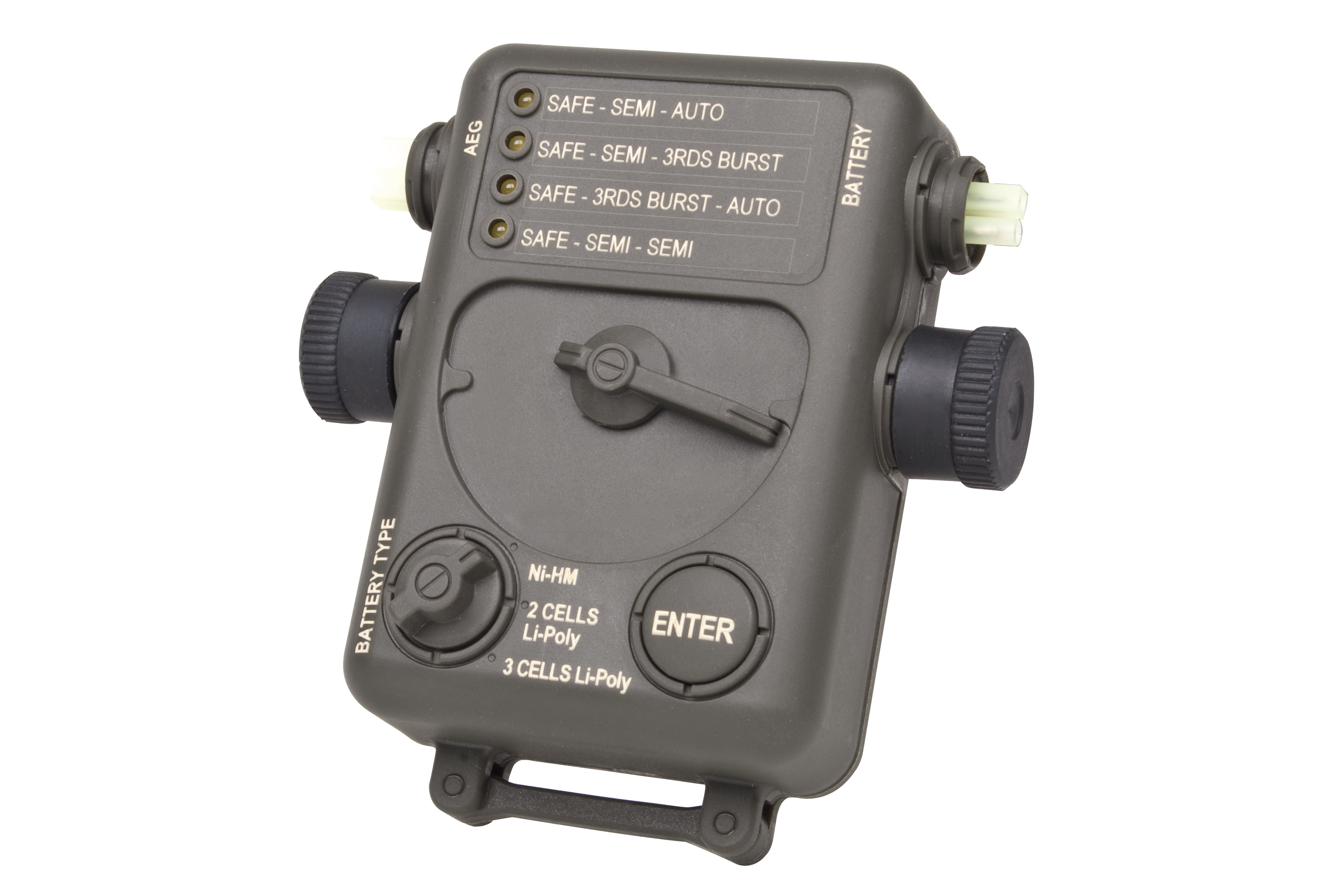 Schwarze programmierbare AEG-Feuerleiteinheit für Airsoft-Waffen mit Batterietyp-Wahlschalter und LED-Anzeigen für den Feuermodus.