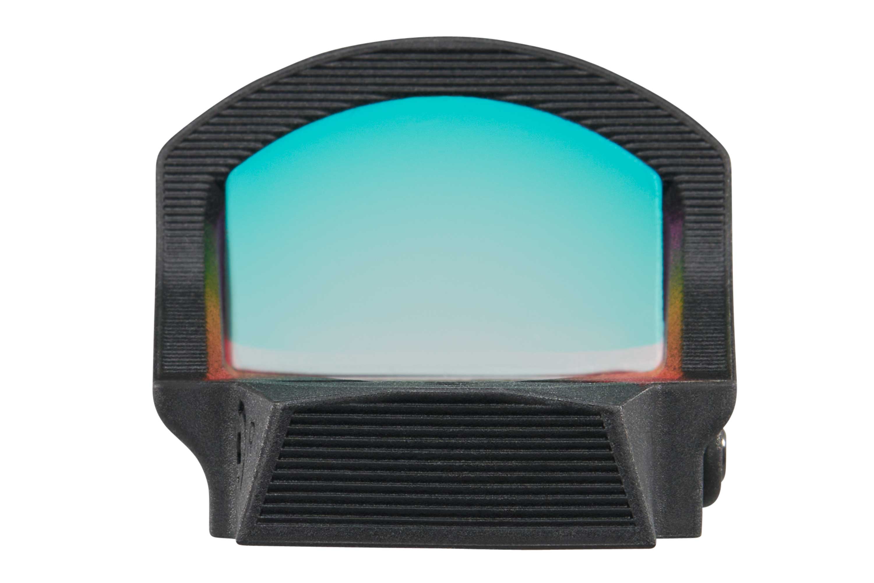 Schwarzes kompaktes Reflex-Leuchtpunktvisier mit blau getönter Linse für Luftpistolen und Gewehre, Vorderansicht auf weißem Hintergrund.