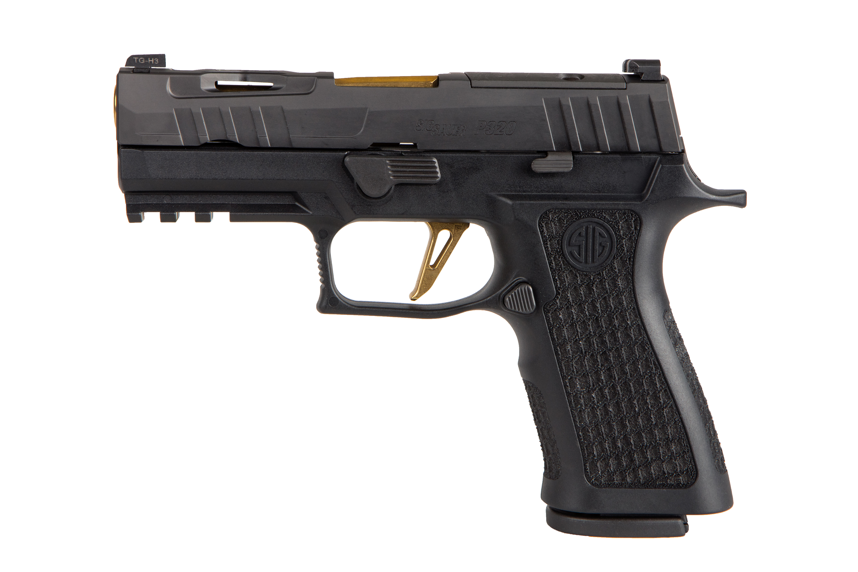 SIG Sauer P320 Luftpistole in Schwarz mit goldenem Abzug und strukturiertem Griff für bessere Kontrolle.