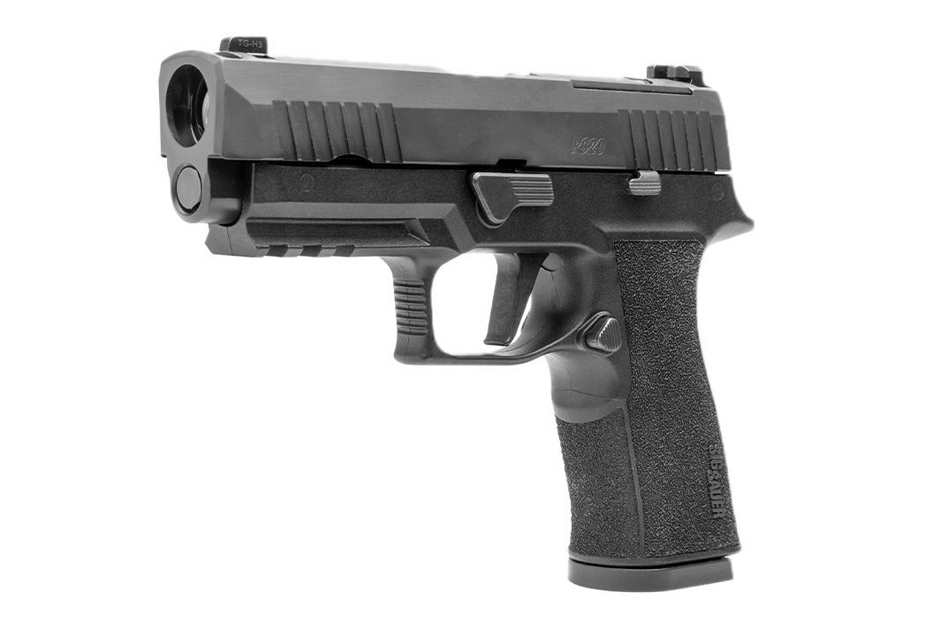 Sig Sauer P320 Luftpistole in Schwarz mit strukturiertem Griff und taktischen Funktionen für Schusswaffenliebhaber.