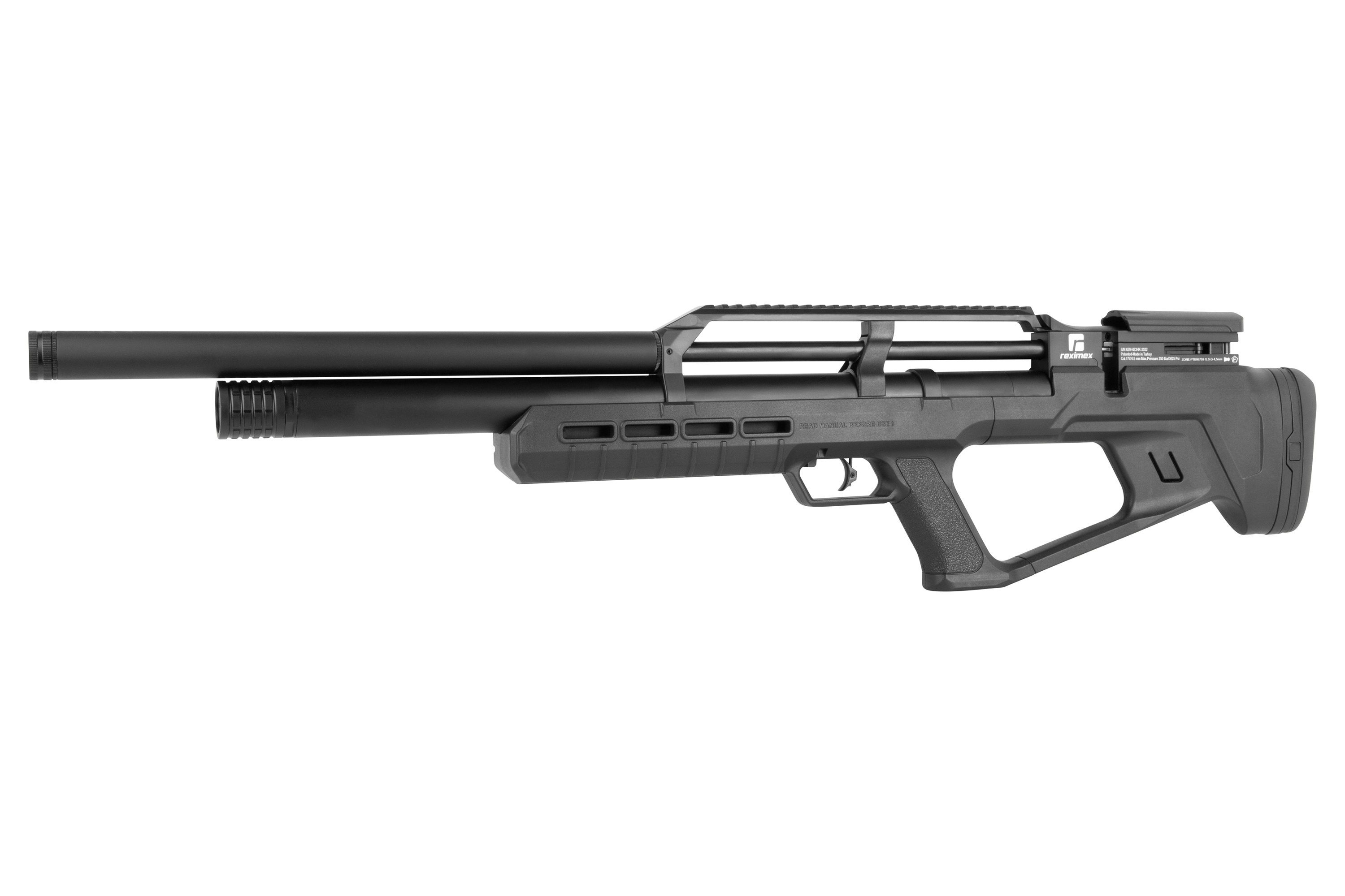 Schwarzes Luftgewehr mit ergonomischem Design, langem Lauf und verstellbarem Schaft für präzises Schießen.