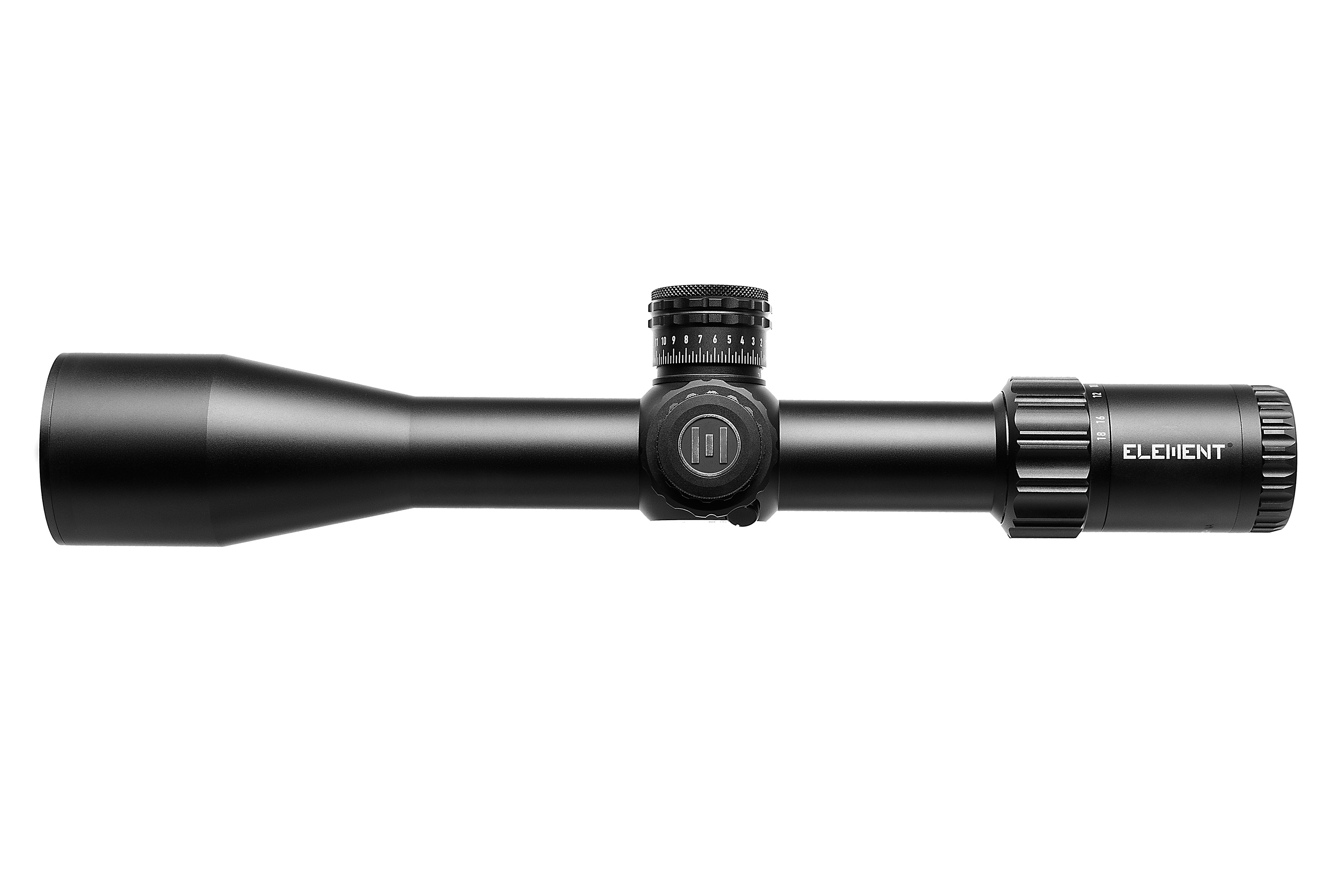 Element-Zielfernrohr mit elegantem schwarzem Design, einstellbarer Vergrößerung und Präzisionstürmen für genaues Zielen.