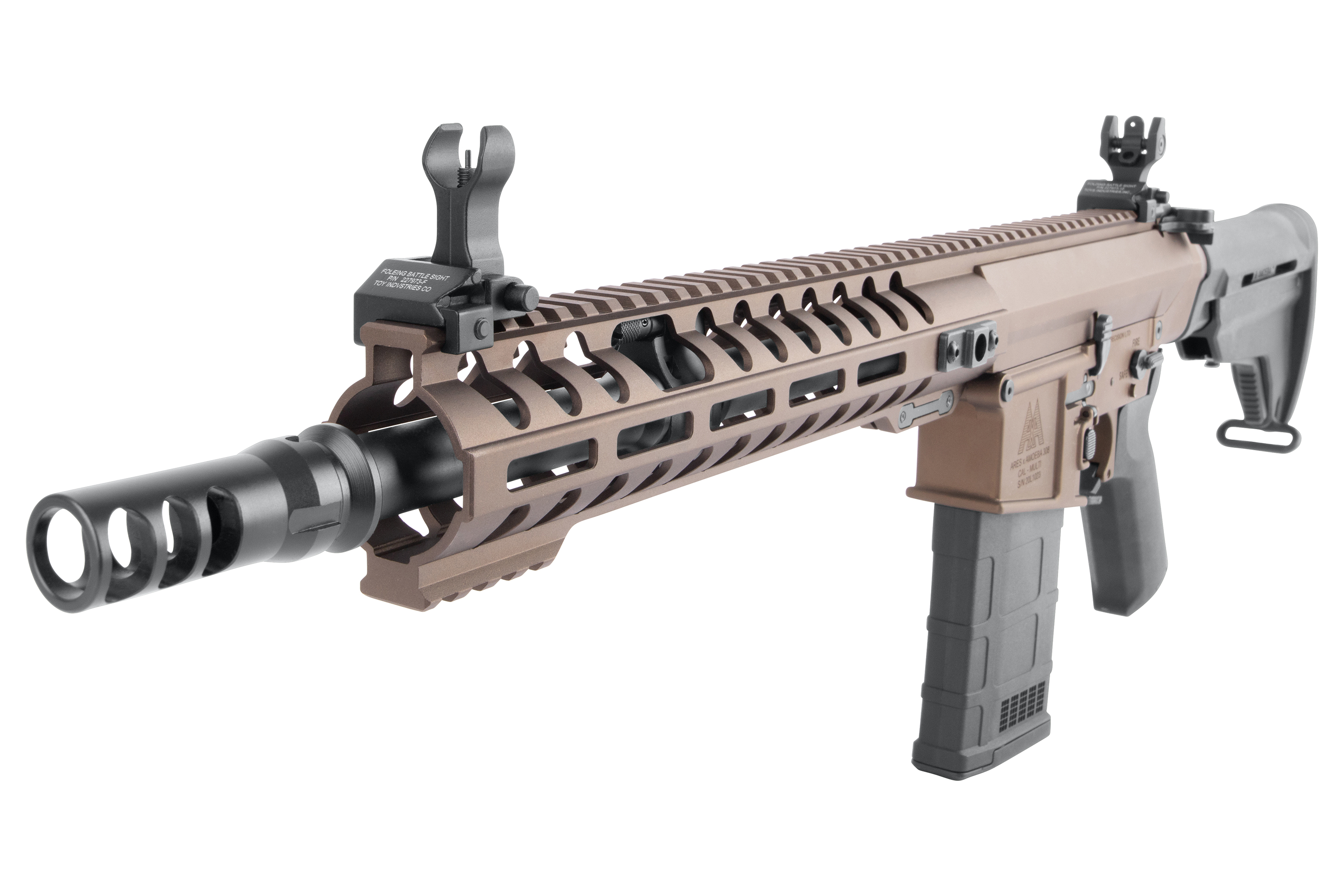 Ares Amoeba Airsoft-Gewehr in Hellbraun mit schwarzer Mündungsbremse, taktischem Schienensystem und Klappvisier auf weißem Hintergrund.