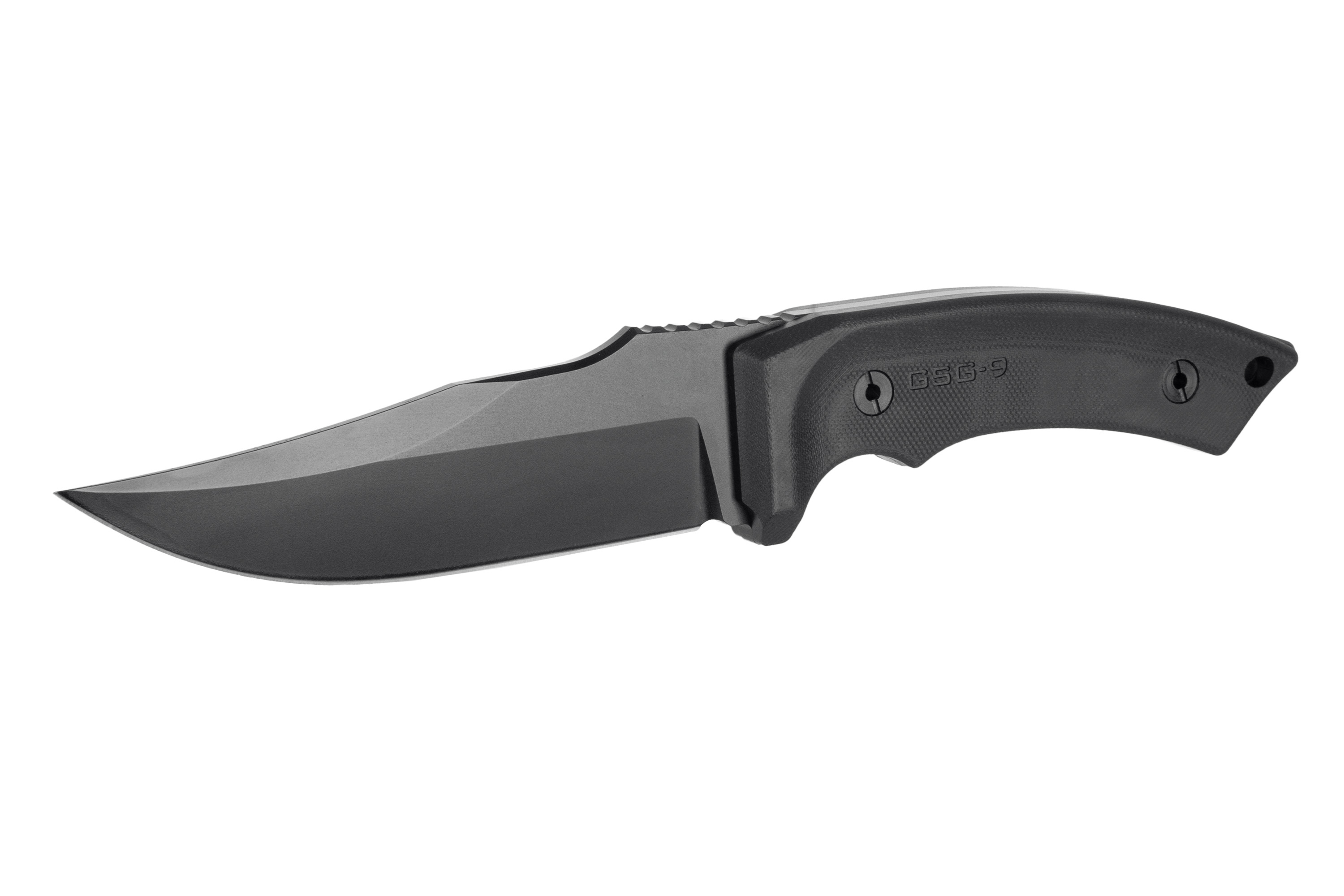 Taktisches GSG-9-Messer mit feststehender Klinge, schwarz beschichteter Stahlklinge und ergonomischem schwarzem, strukturiertem Polymergriff.