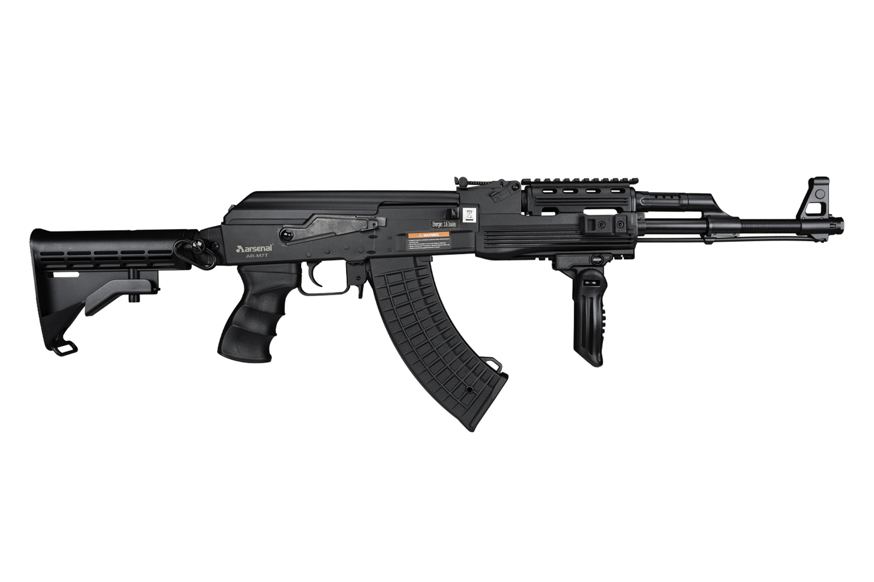 Schwarzes Luftgewehr Arsenal AR-M7T mit verstellbarem Schaft, taktischem Handschutz, vertikalem Griff und Magazin auf weißem Hintergrund.
