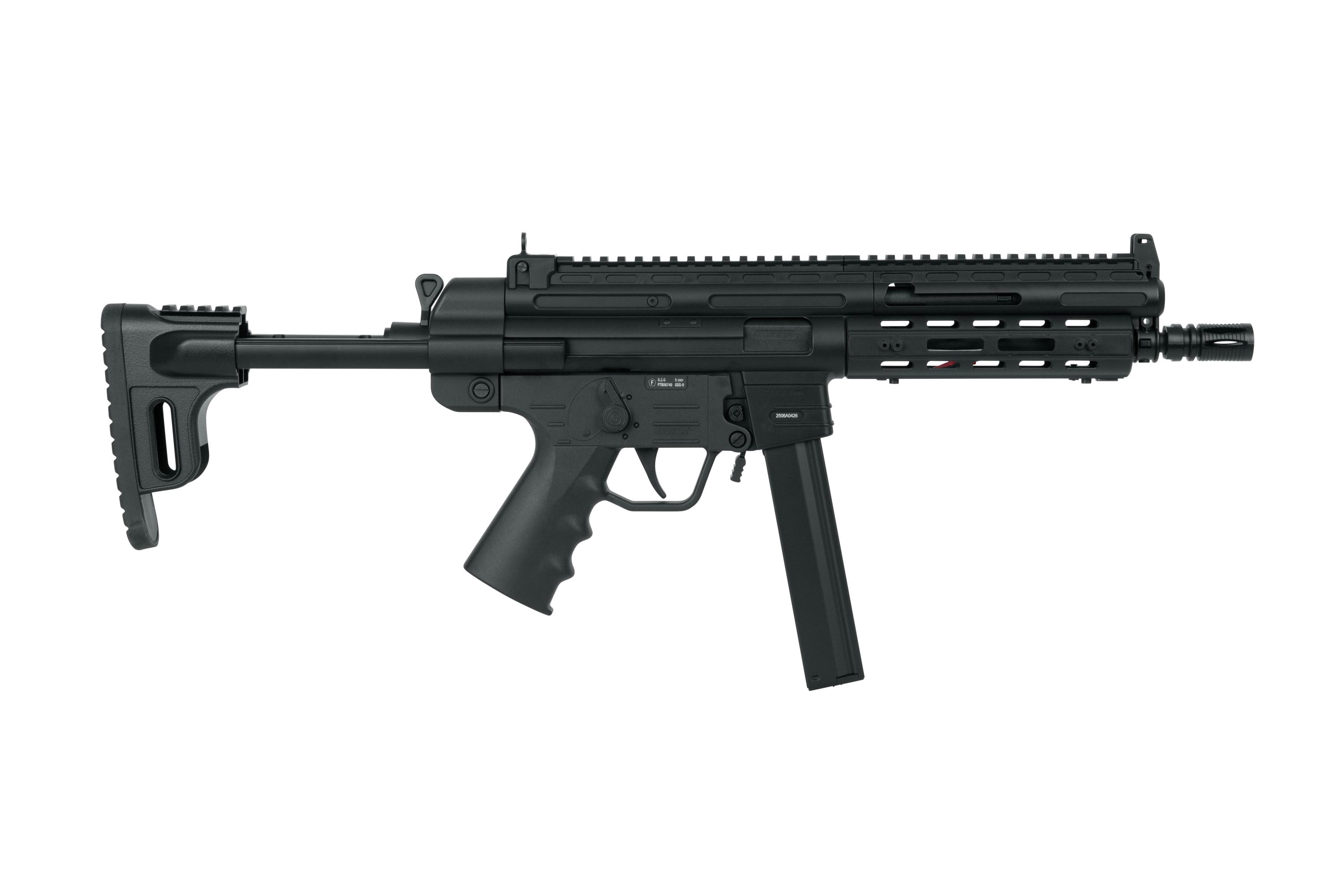 Schwarzes Luftgewehr mit verstellbarem Schaft und taktischer Schiene für Zubehör, ideal für Schießbegeisterte.