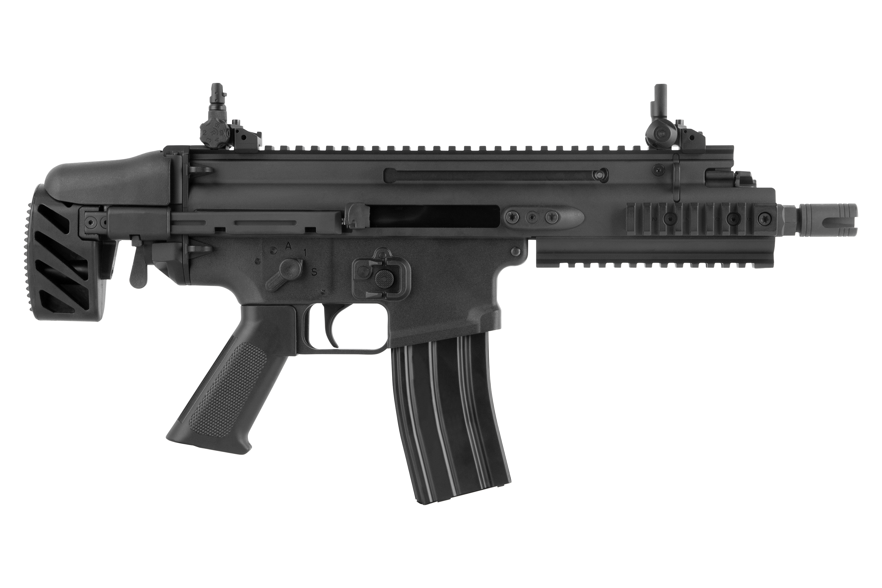Schwarzes FN SCAR-L Airsoft-Gewehr mit taktischen Schienen, verstellbarem Schaft und Magazin, isoliert auf weißem Hintergrund.