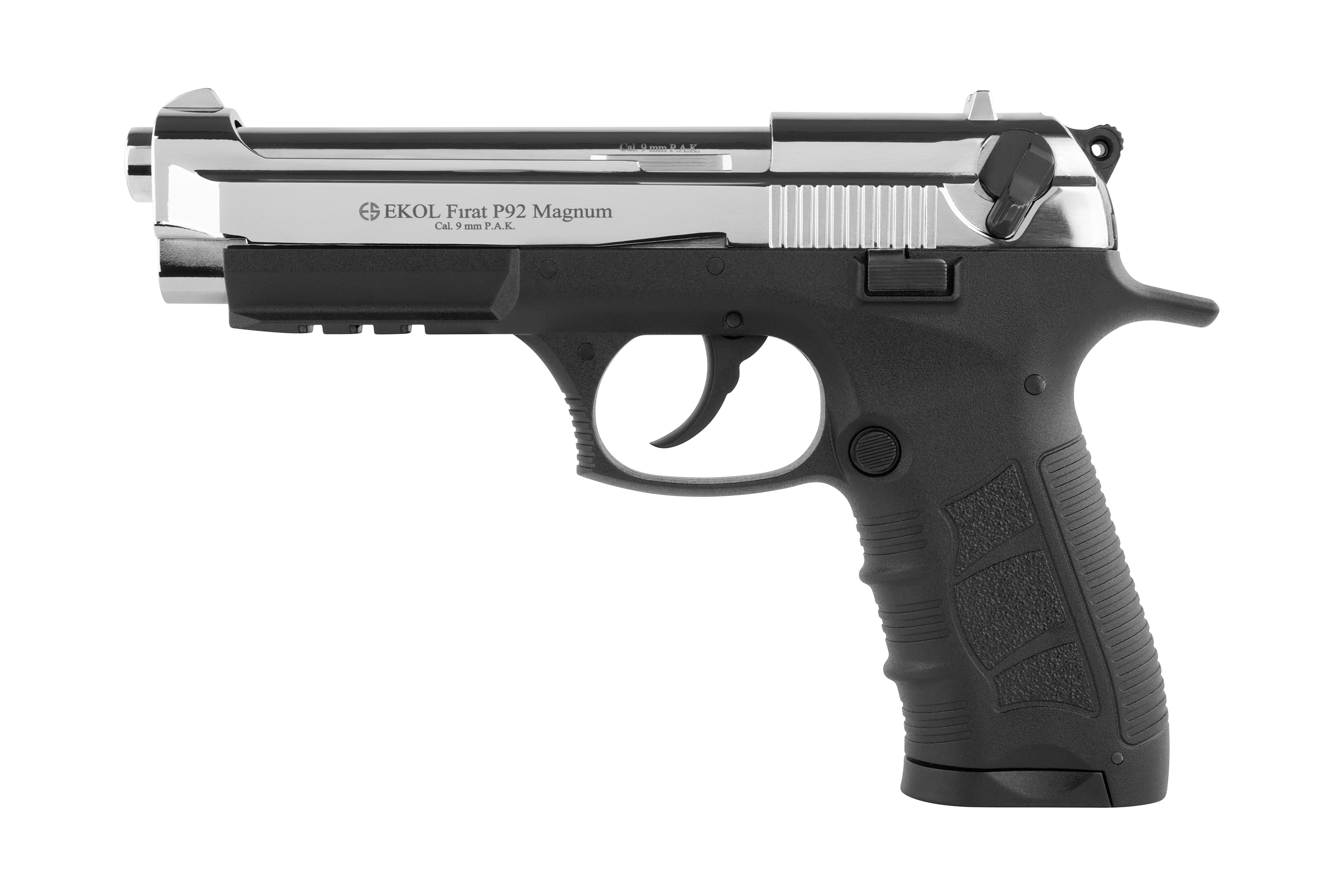 EKOL Frat P92 Magnum Luftpistole in Schwarz und Silber mit strukturiertem Griff und Sicherheitsmechanismus.