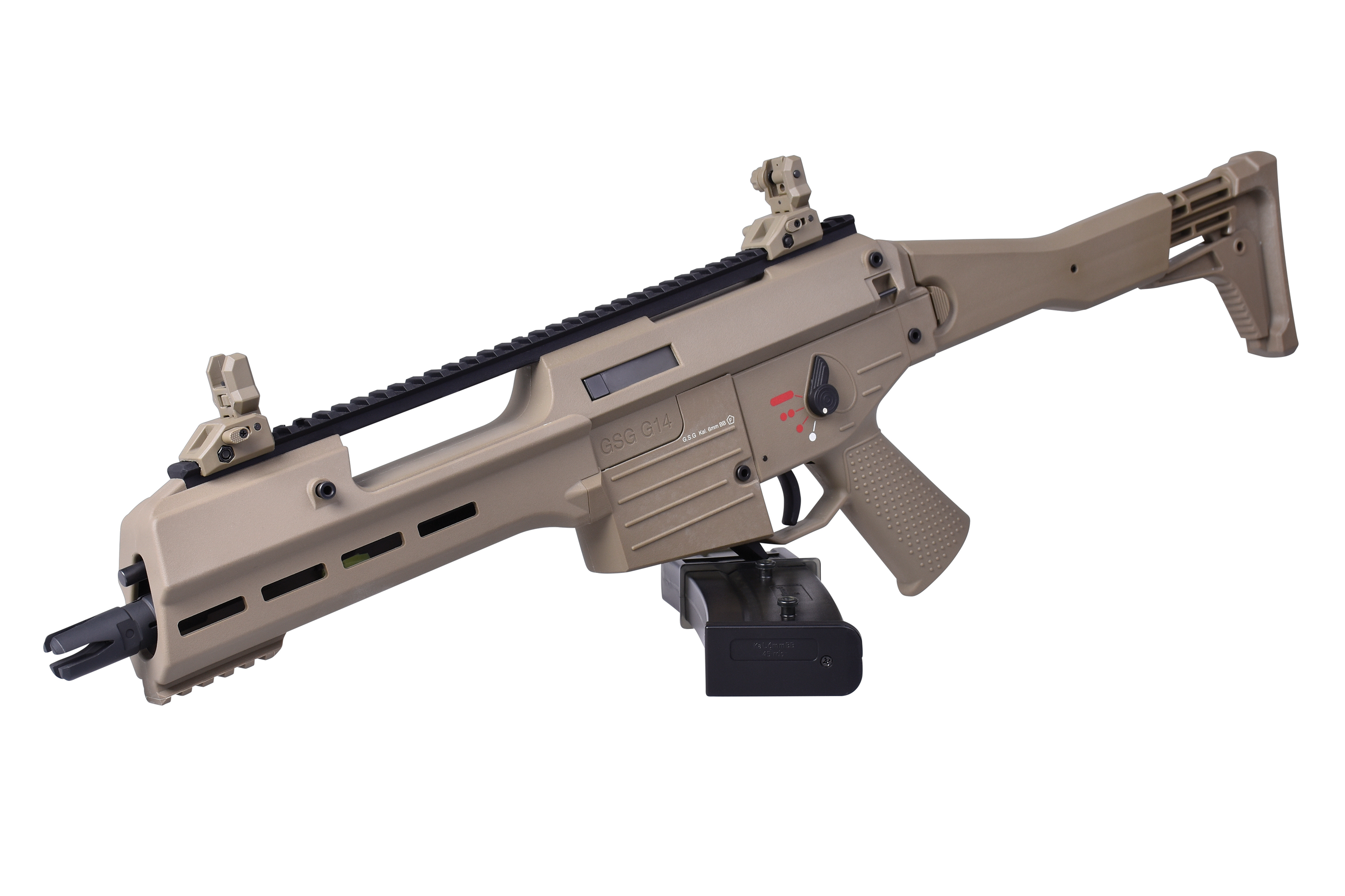 GSG G14 Airsoft-Gewehr in Hellbraun mit schwarzem Magazin, verstellbarem Schaft und Schienensystem für Zubehör.