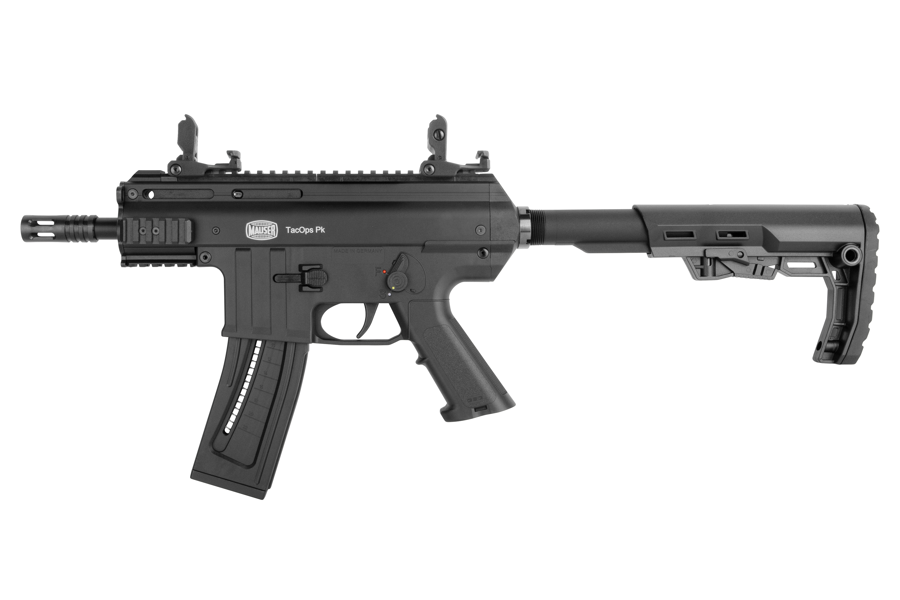 Mauser TacOps PK-Luftpistole mit elegantem schwarzen Design, verstellbarem Schaft und taktischem Schienensystem.