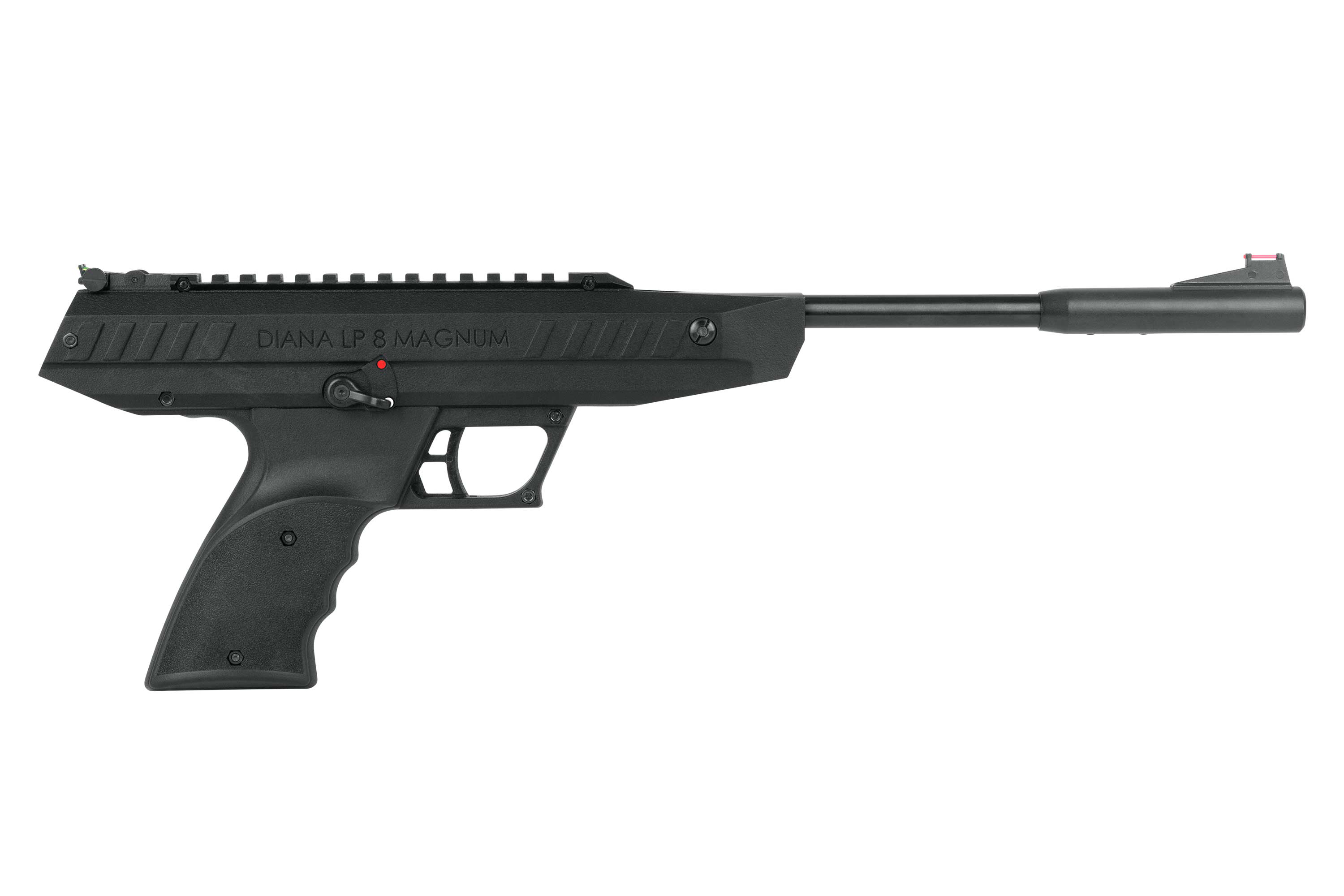 Seitenprofil einer schwarzen Diana LP 8 Magnum-Luftpistole mit strukturiertem Griff, oberer Schiene und Glasfaservisier.