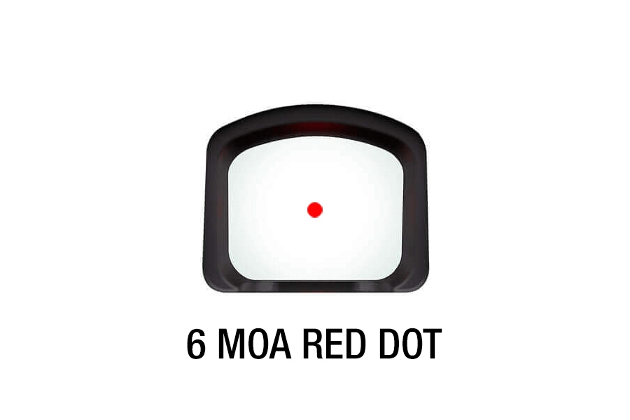 Eine schwarze Reflexvisieroptik mit einer klaren Glaslinse und einem hellen 6-MOA-Leuchtpunktabsehen in der Mitte.