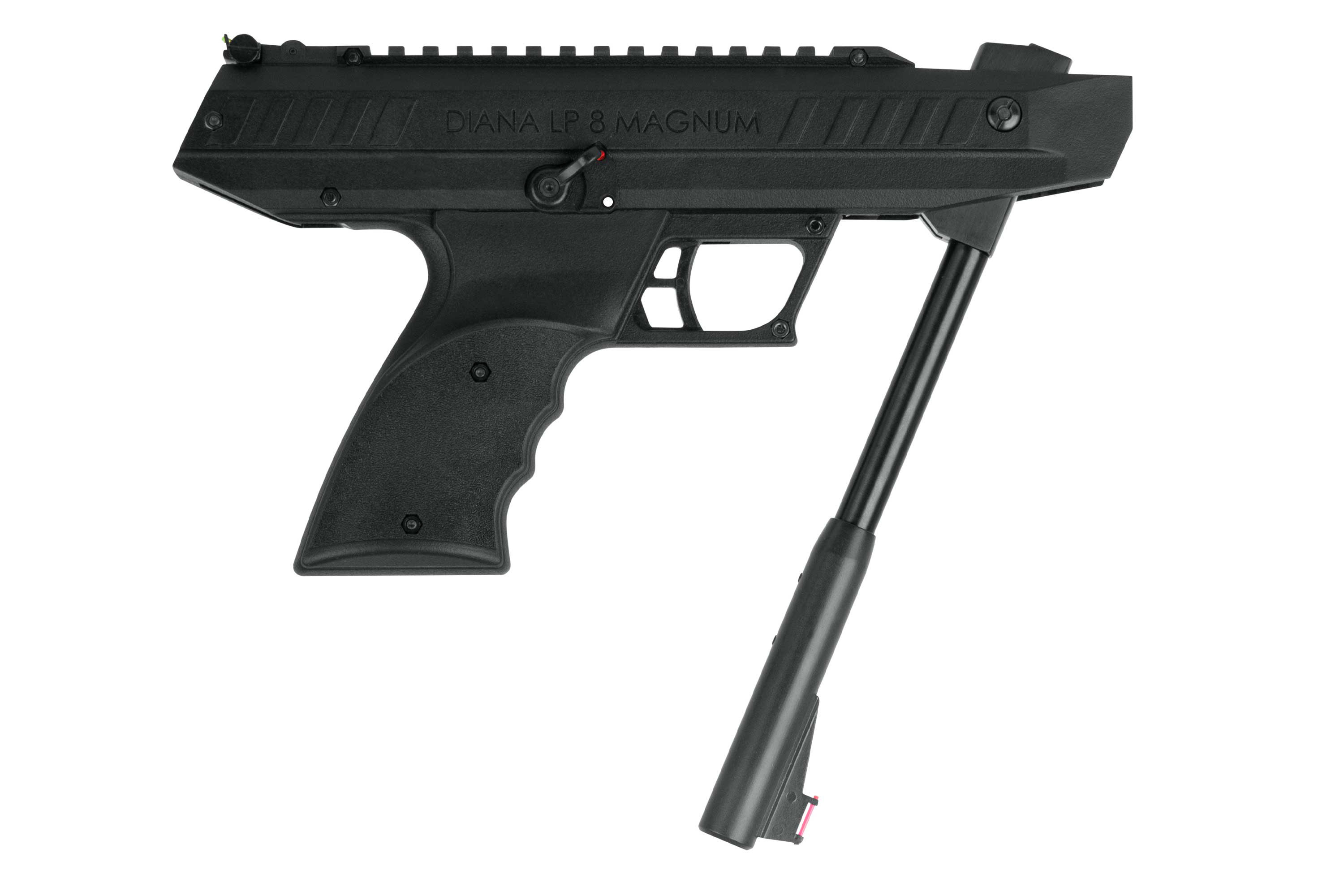 Schwarze Diana LP 8 Magnum-Luftpistole mit offenem Laufbremsmechanismus, strukturiertem Griff und oberer Schienenbefestigung.