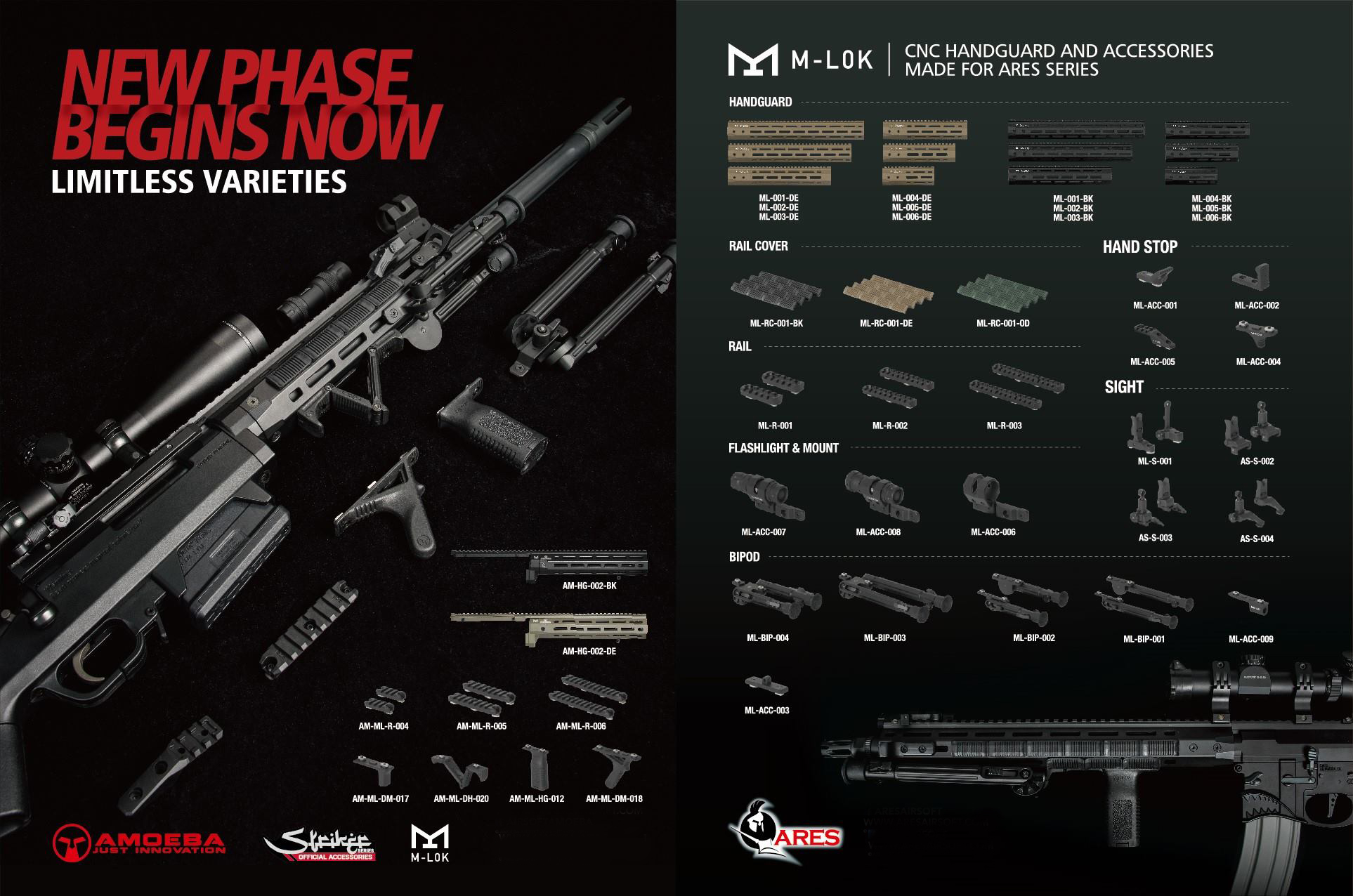 Ares M-LOK CNC-Handschutz- und Zubehörkatalog mit verschiedenen Gewehrteilen, Schienen, Visierungen und Zweibeinen für Luftgewehre.