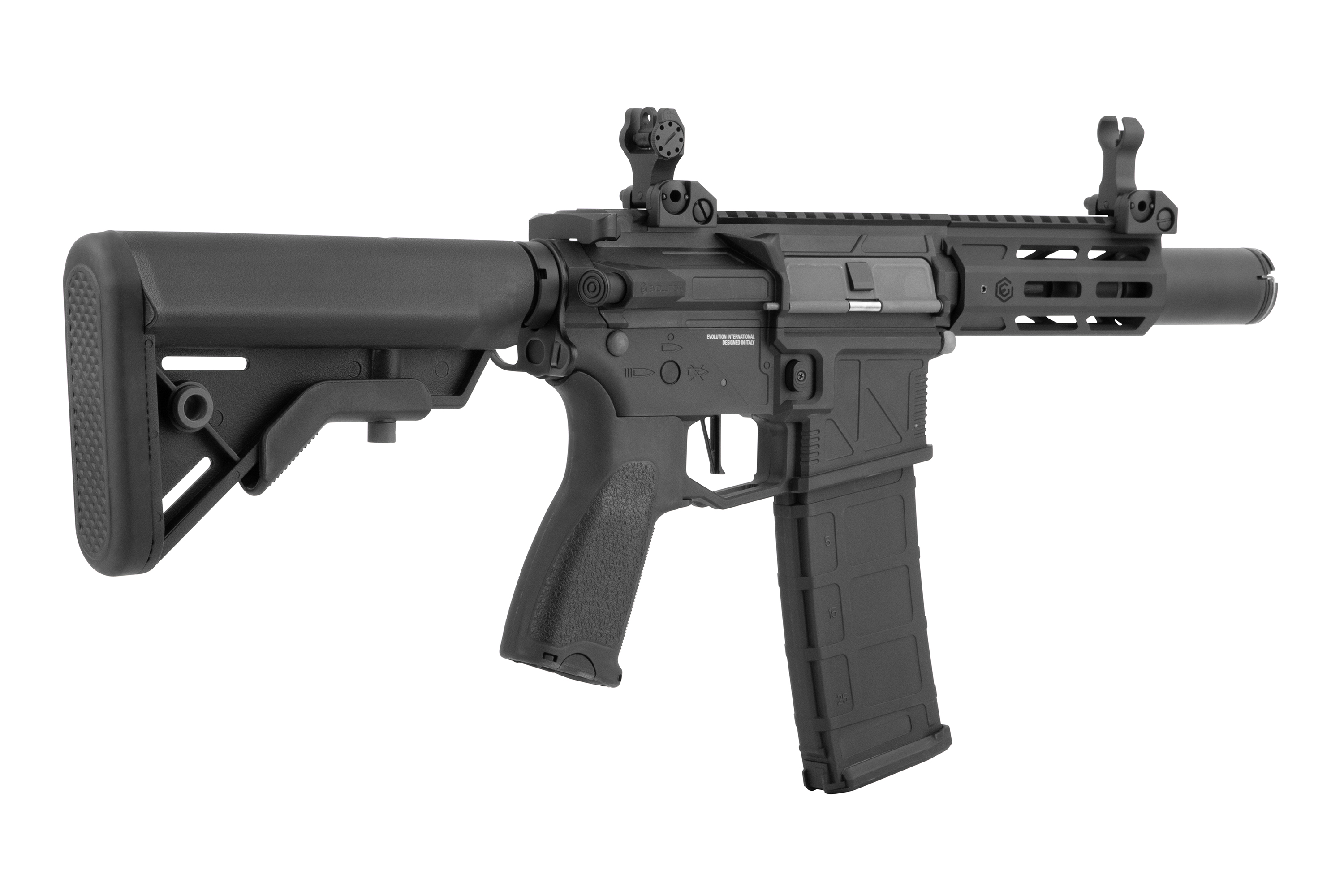 Black Evolution International Airsoft-Gewehr mit verstellbarem Schaft, Polymermagazin und taktischem, hochklappbarem Eisenvisier.