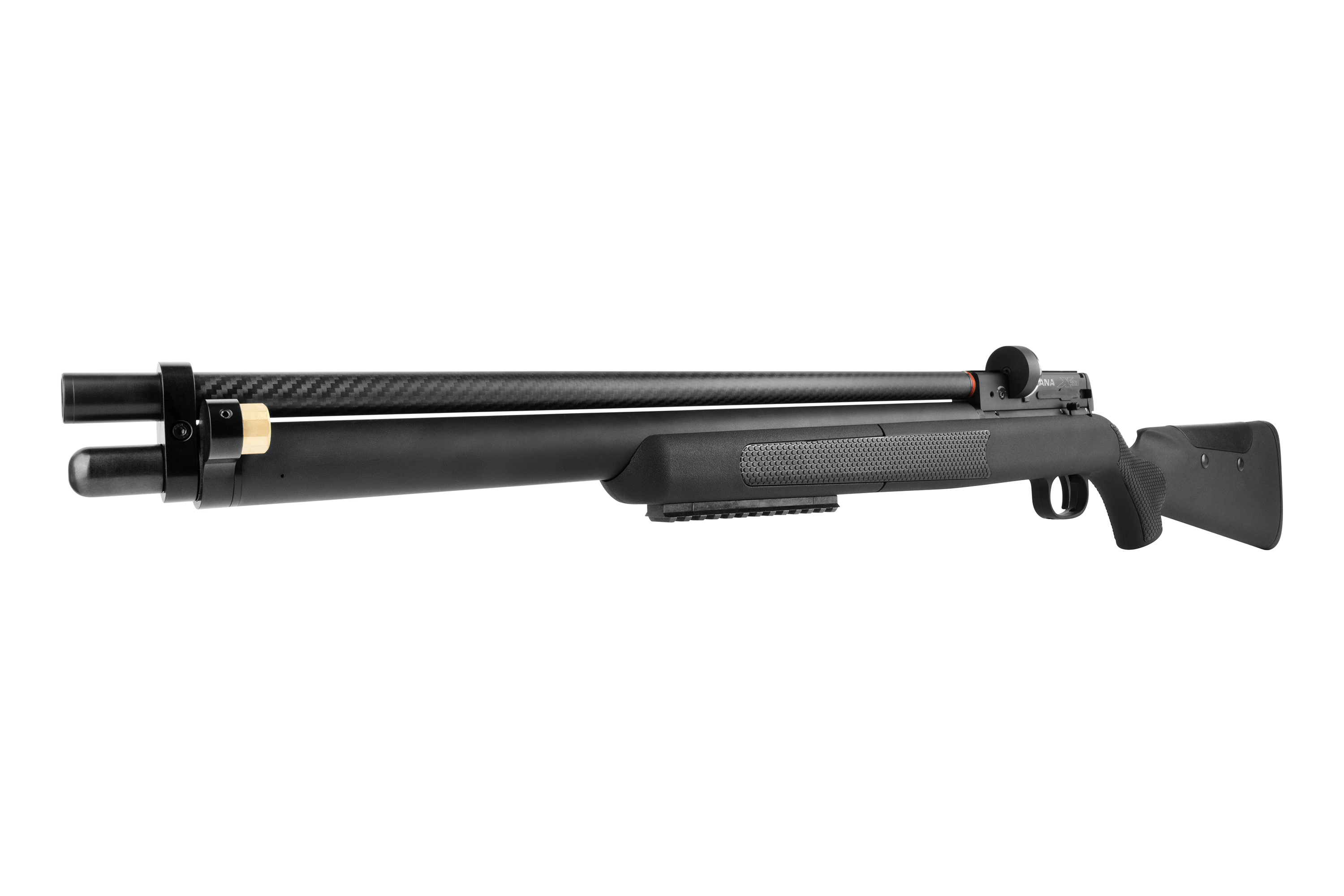 Schwarzes Diana Stormrider PCP-Luftgewehr mit Laufverkleidung aus Kohlefaser und Kunststoffschaft auf weißem Hintergrund.