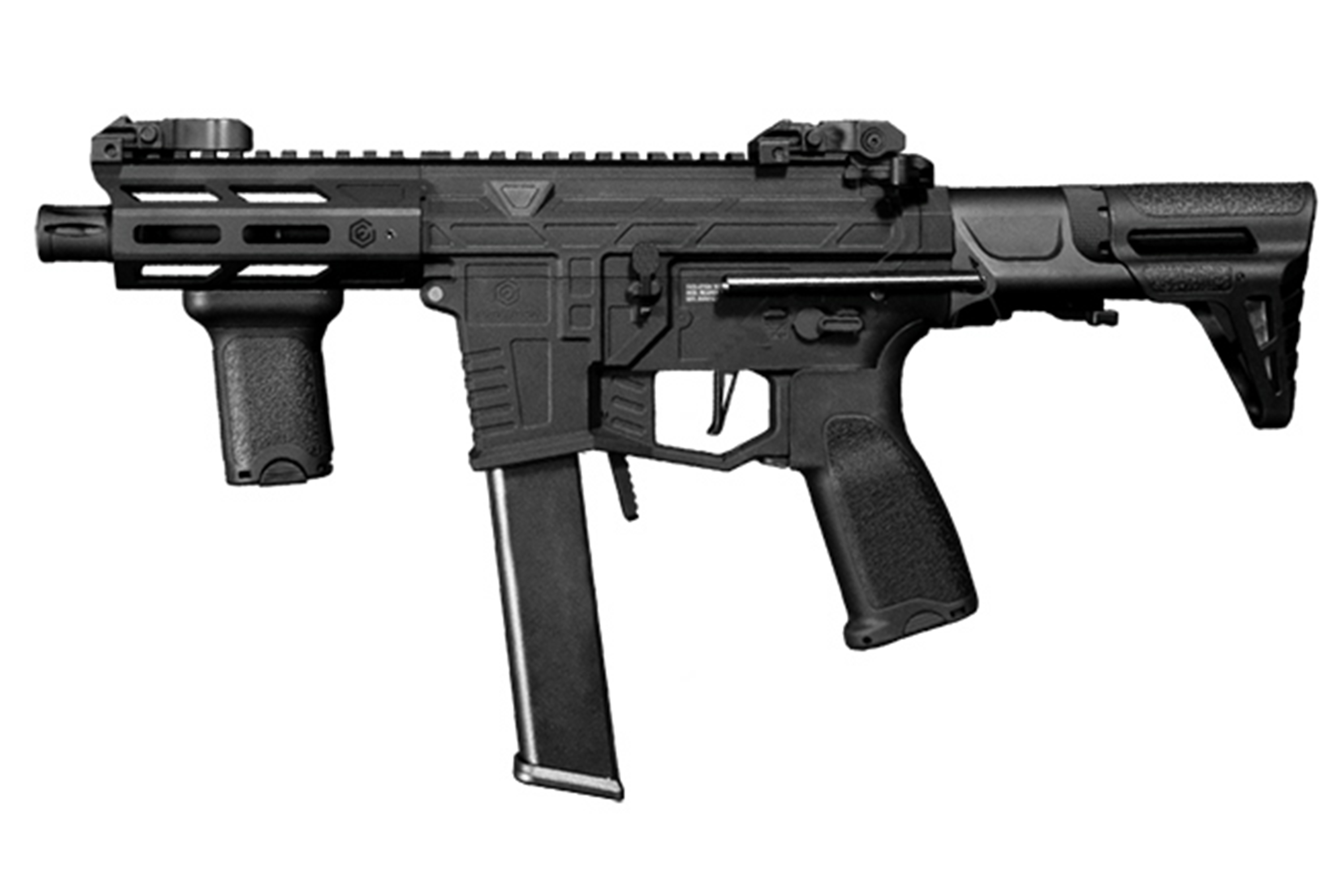 Schwarze Luftpistole mit taktischem Design, verstellbarem Schaft und Schienensystem für Optik und Zubehör.