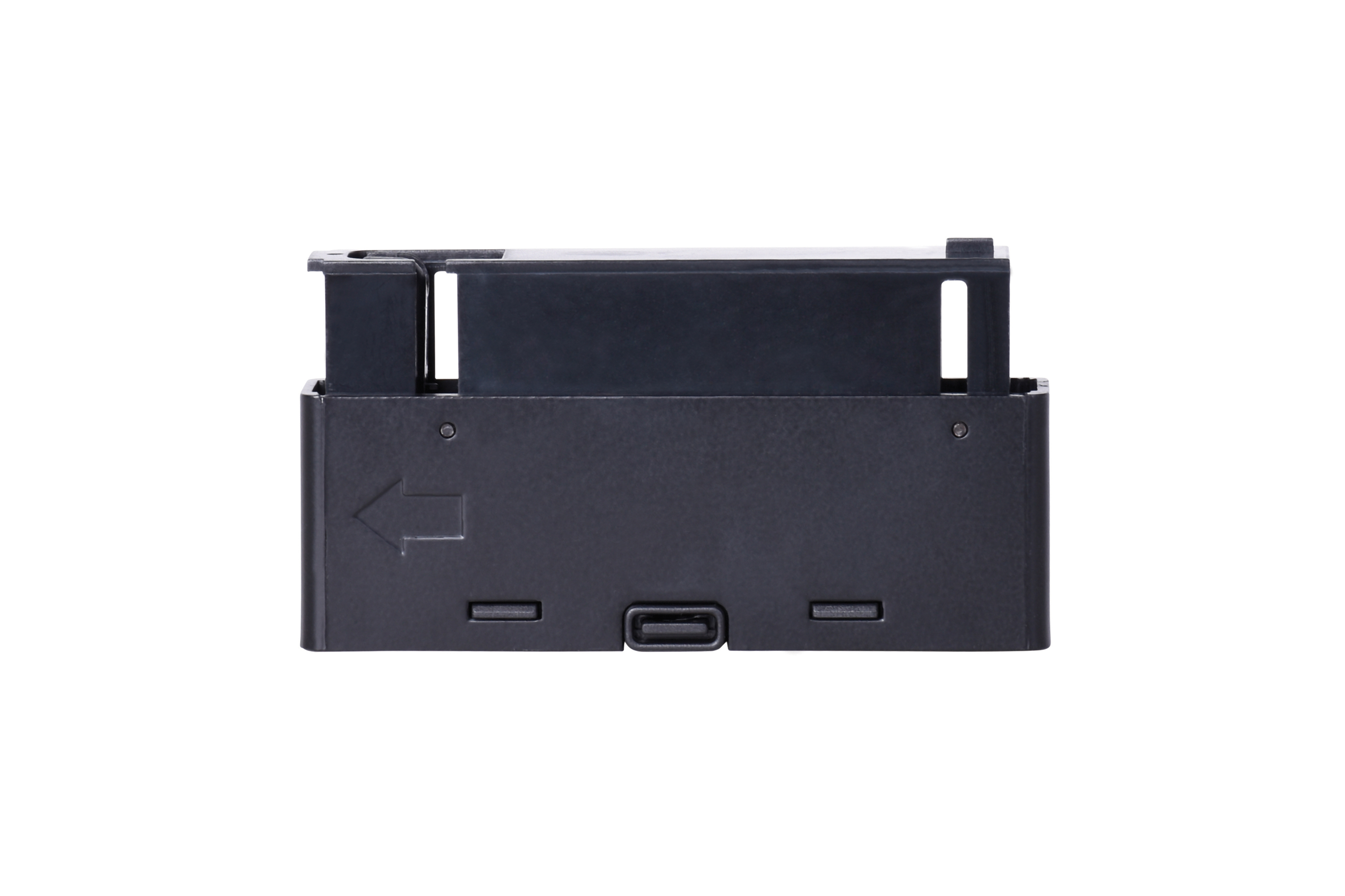 Schwarzes Luftgewehrmagazin aus Kunststoff im rechteckigen Design mit einer Pfeilanzeige auf einem sauberen weißen Hintergrund.