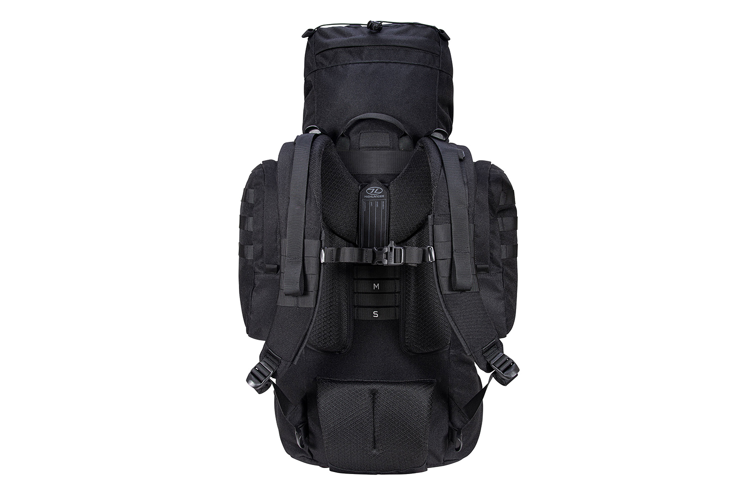 Rückansicht eines schwarzen taktischen Highlander-Rucksacks mit verstellbaren Schultergurten, gepolstertem Rücken und MOLLE-Gurtband.