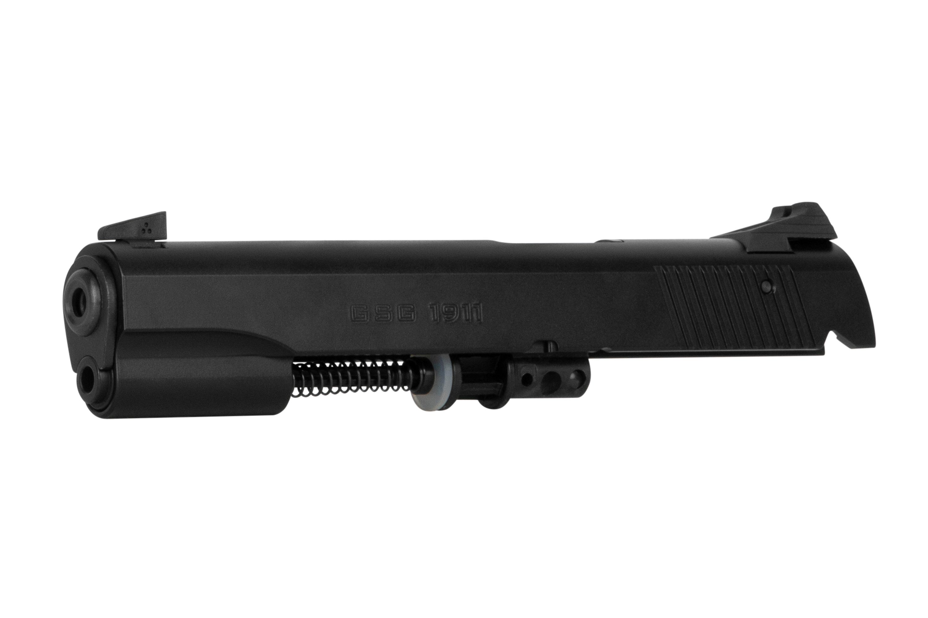 GSG 1911 Luftpistolenschlitten in Schwarz mit strukturiertem Griff und integriertem Visier für erhöhte Genauigkeit.