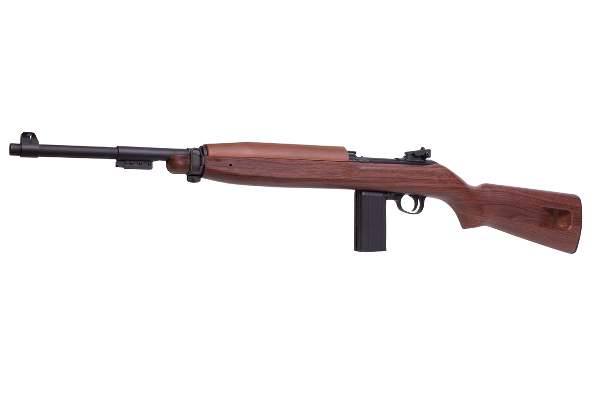 King Arms M1 Carbine-Luftgewehr mit realistischem Holzschaft, schwarzem Metalllauf und abnehmbarem Magazindesign.