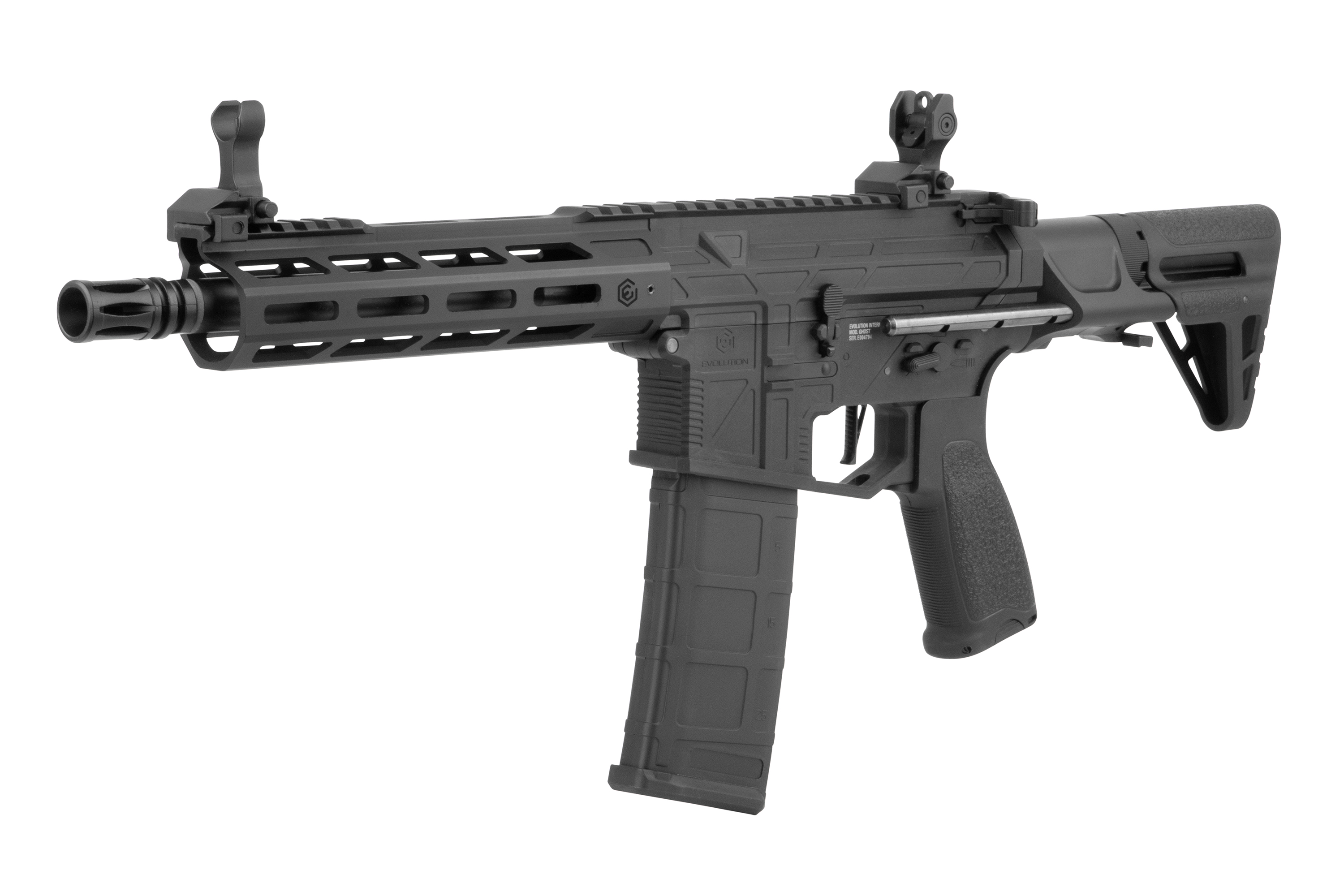 Evolution Airsoft Ghost S schwarzes Airsoft-Gewehr mit M-LOK-Handschutz, verstellbarem Schaft und hochklappbarem Eisenvisier.