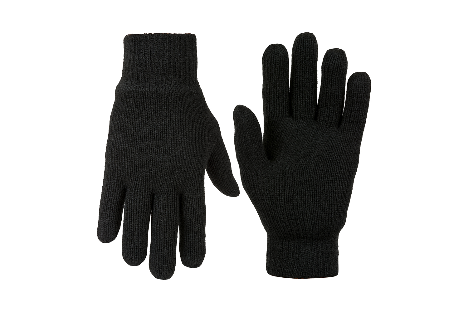 Ein Paar schwarze gestrickte Thermohandschuhe mit gerippten Bündchen, präsentiert vor einem schlichten weißen Hintergrund für den Einsatz im Freien.
