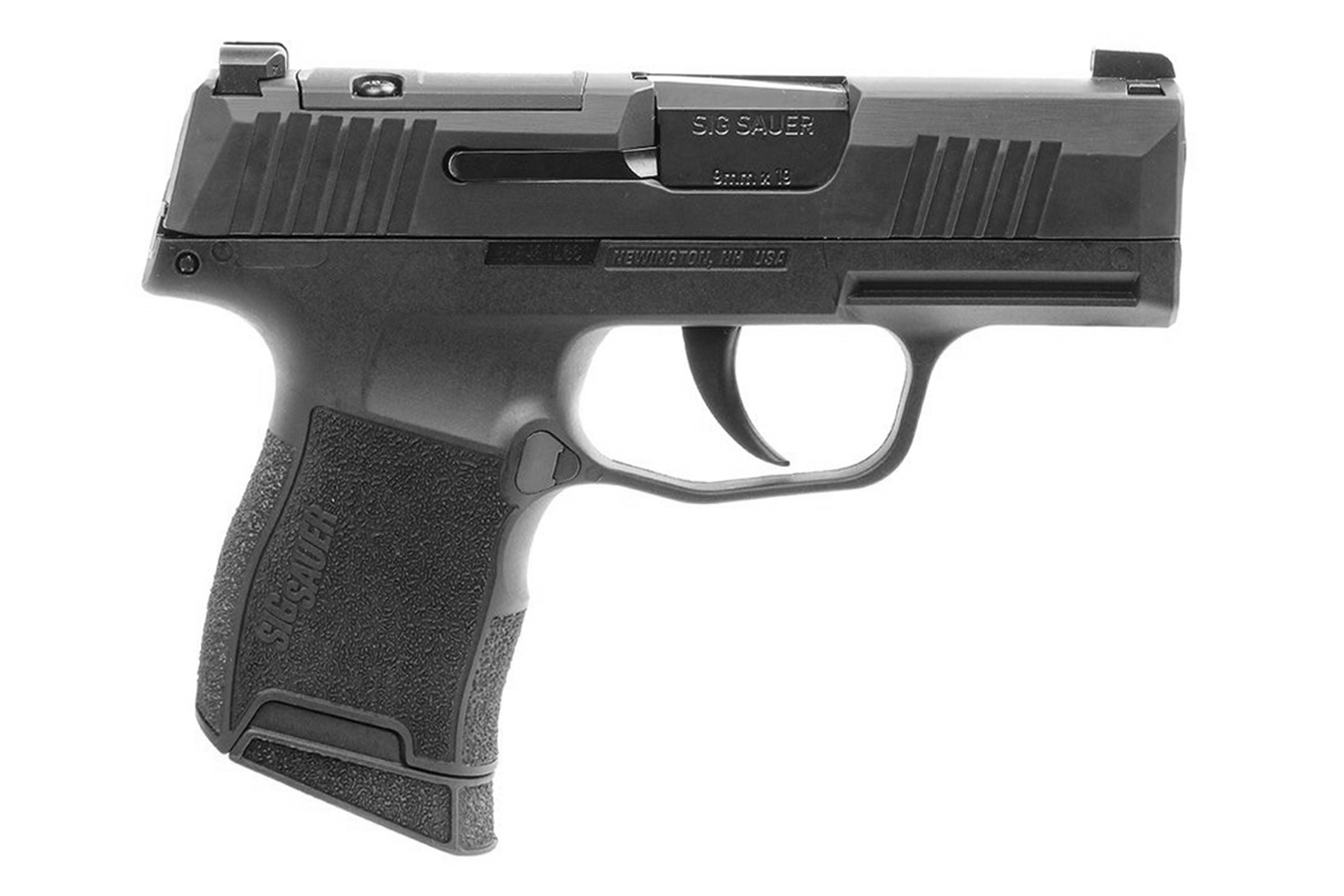 SIG Sauer P365 Luftpistole in Schwarz mit strukturiertem Griff und kompaktem Design für Schusswaffenliebhaber.