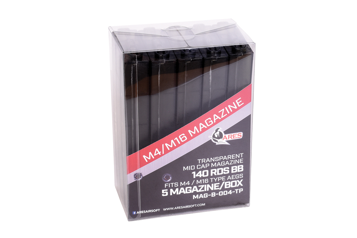 Ares M4/M16 Mid-Cap-Airsoft-Magazin im 5er-Pack in einer durchsichtigen Box mit einer Kapazität von 140 Schuss für AEGs vom Typ M4/M16.