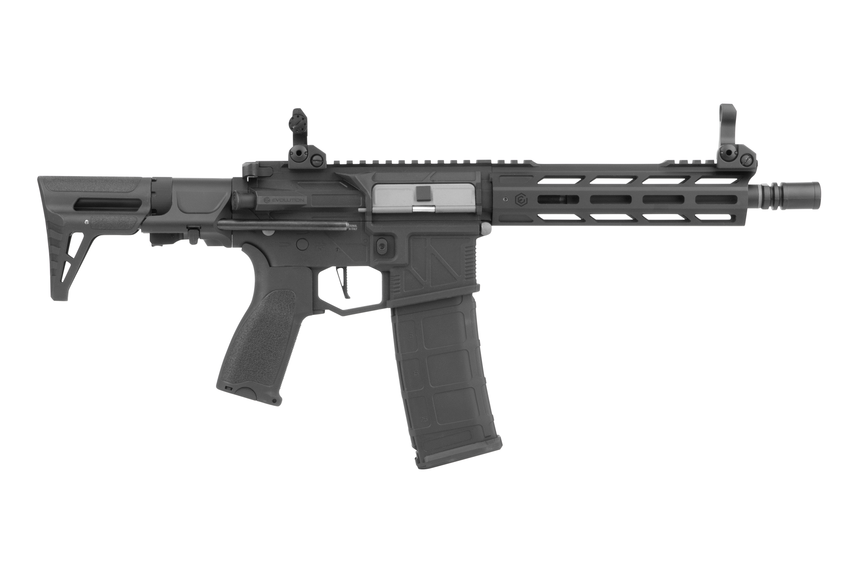 Schwarzes Airsoft-Gewehr Evolution Ghost S mit verstellbarem Schaft, M-LOK-Handschutz und hochklappbarem Visier auf weißem Hintergrund.