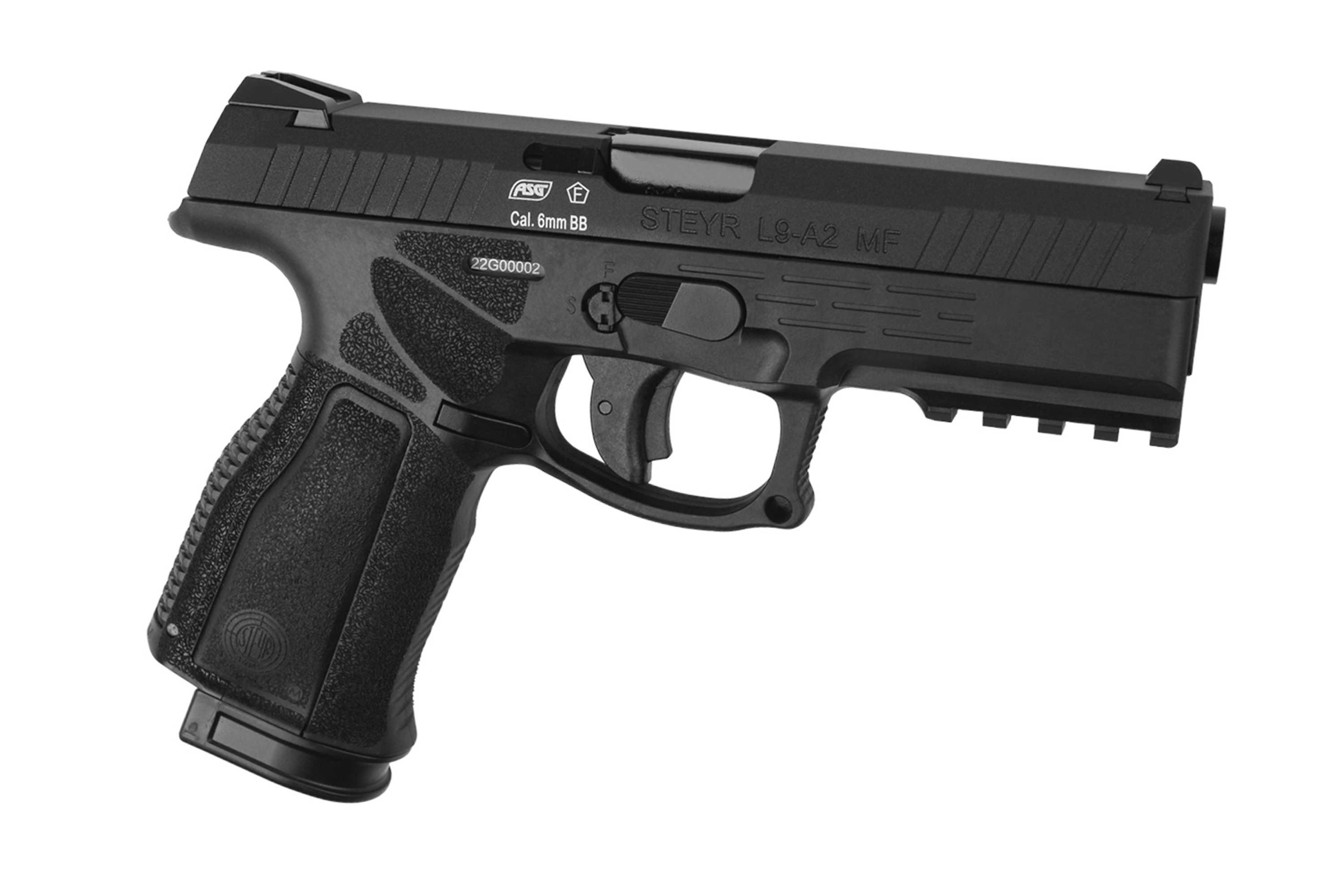 ASG Steyr L9-A2 MF Luftpistole in Schwarz mit strukturiertem Griff und taktischer Schiene.