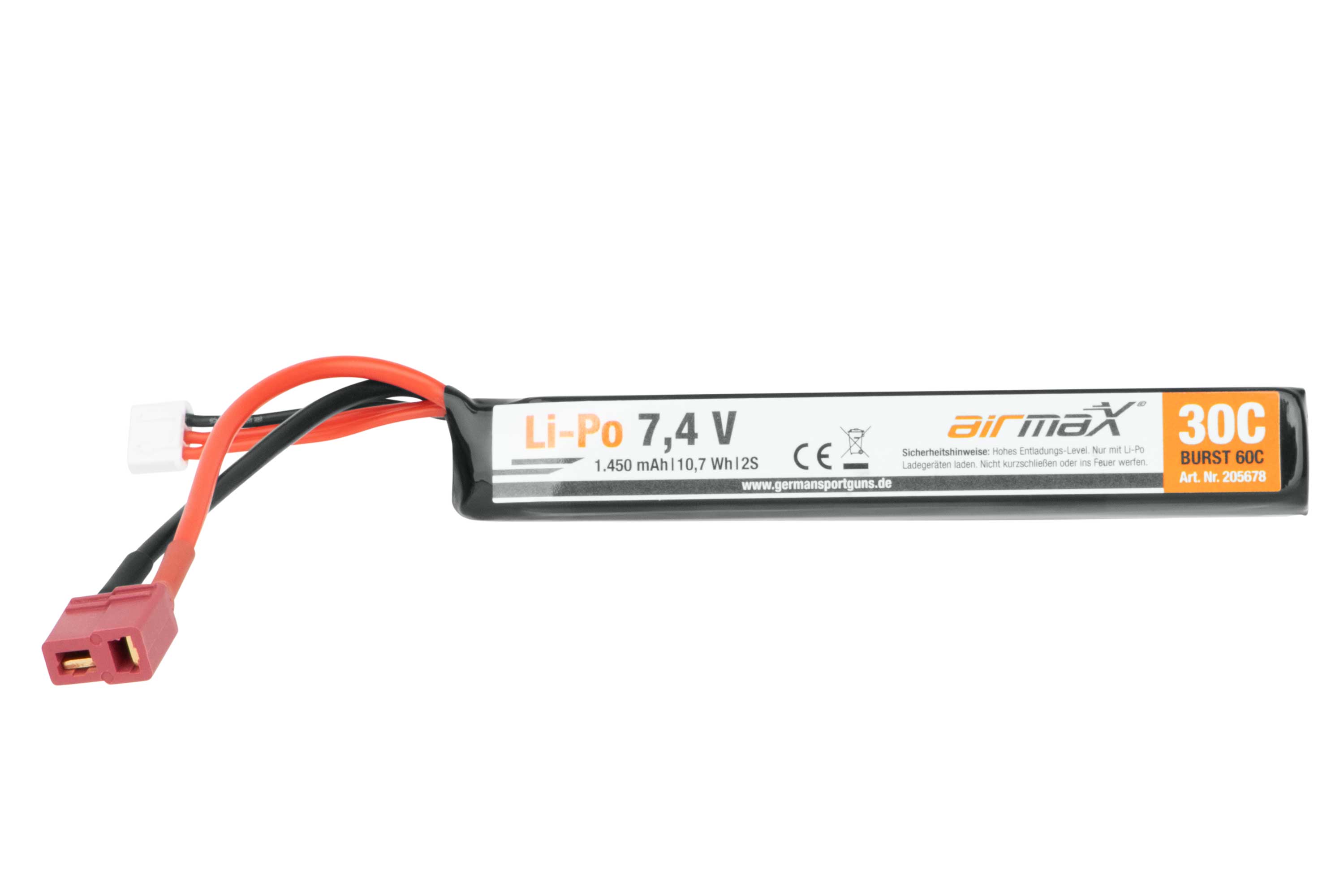 Airmax 7,4 V 1450 mAh Li-Po-Akku für Airsoft-Waffen mit T-Stecker-Anschluss und 30 °C Entladerate, schwarz und orange.