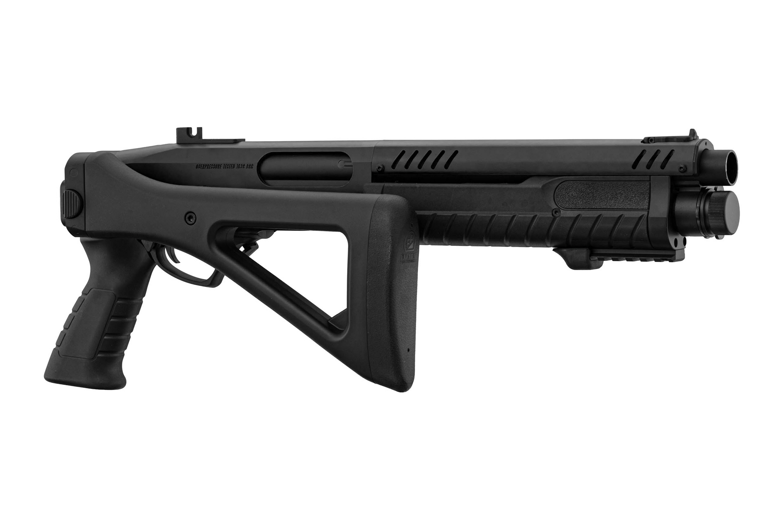 Schwarze Doppellauf-Schrotflinte Umarex T4E HDS 68 mit Kunststoffschaft, taktischer Schiene und ergonomischem Pistolengriffdesign.