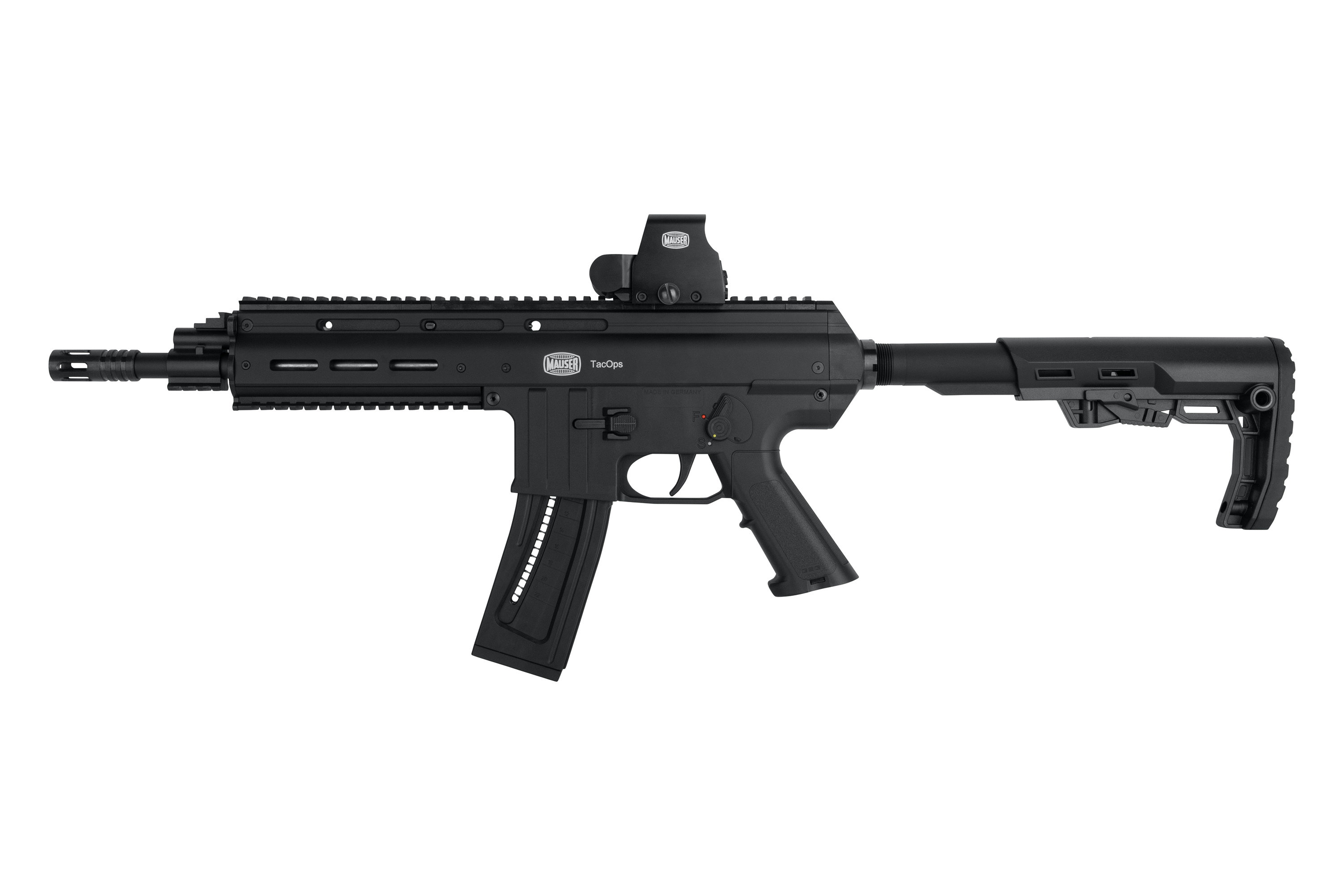 Mauser TacOps-Luftgewehr in Schwarz mit taktischem Design und verstellbarem Schaft für ein verbessertes Schießerlebnis.