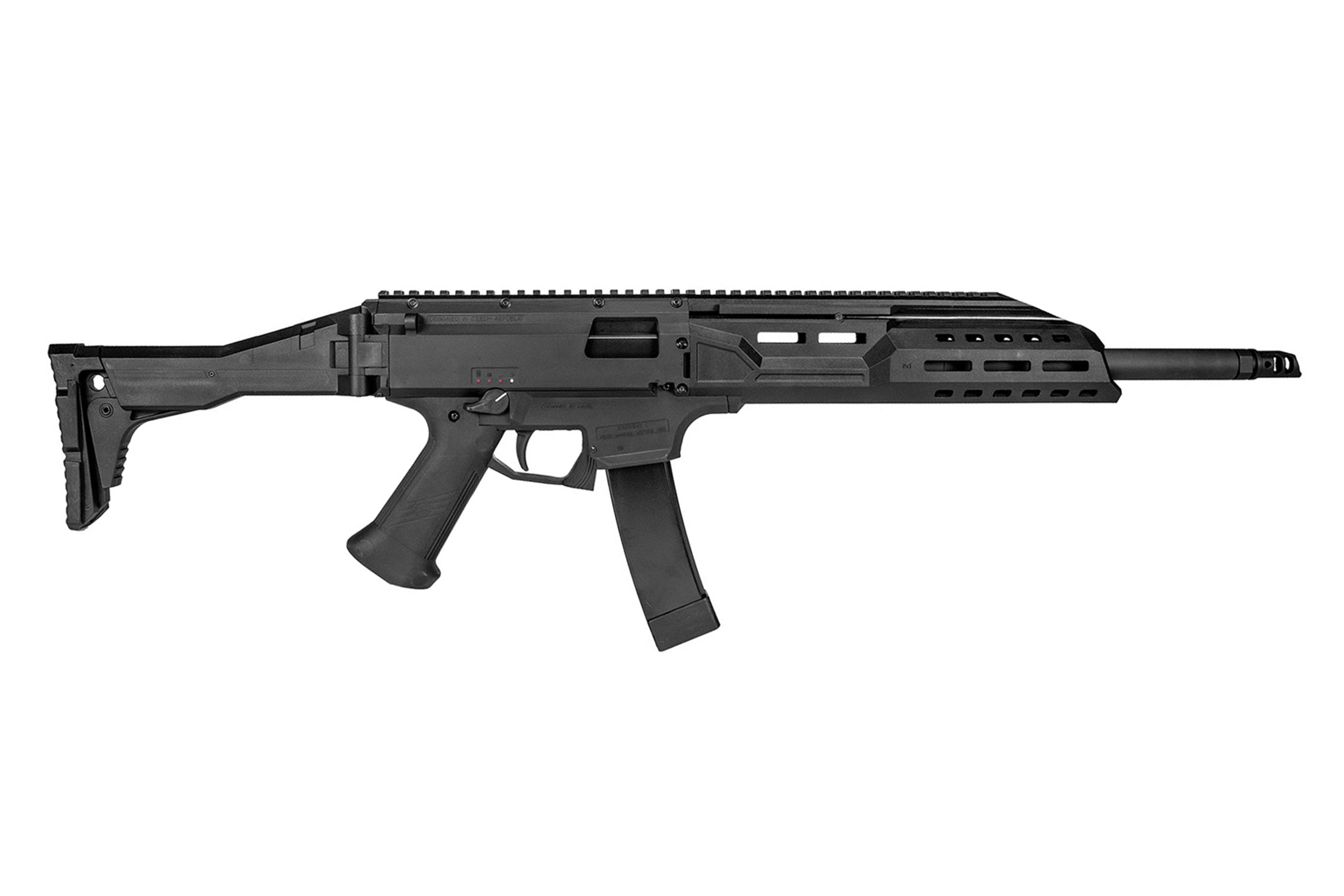 Schwarzer Karabiner CZ Scorpion EVO 3 S1 mit verstellbarem Schaft, Polymerrahmen und Picatinny-Schiene für taktisches Zubehör.