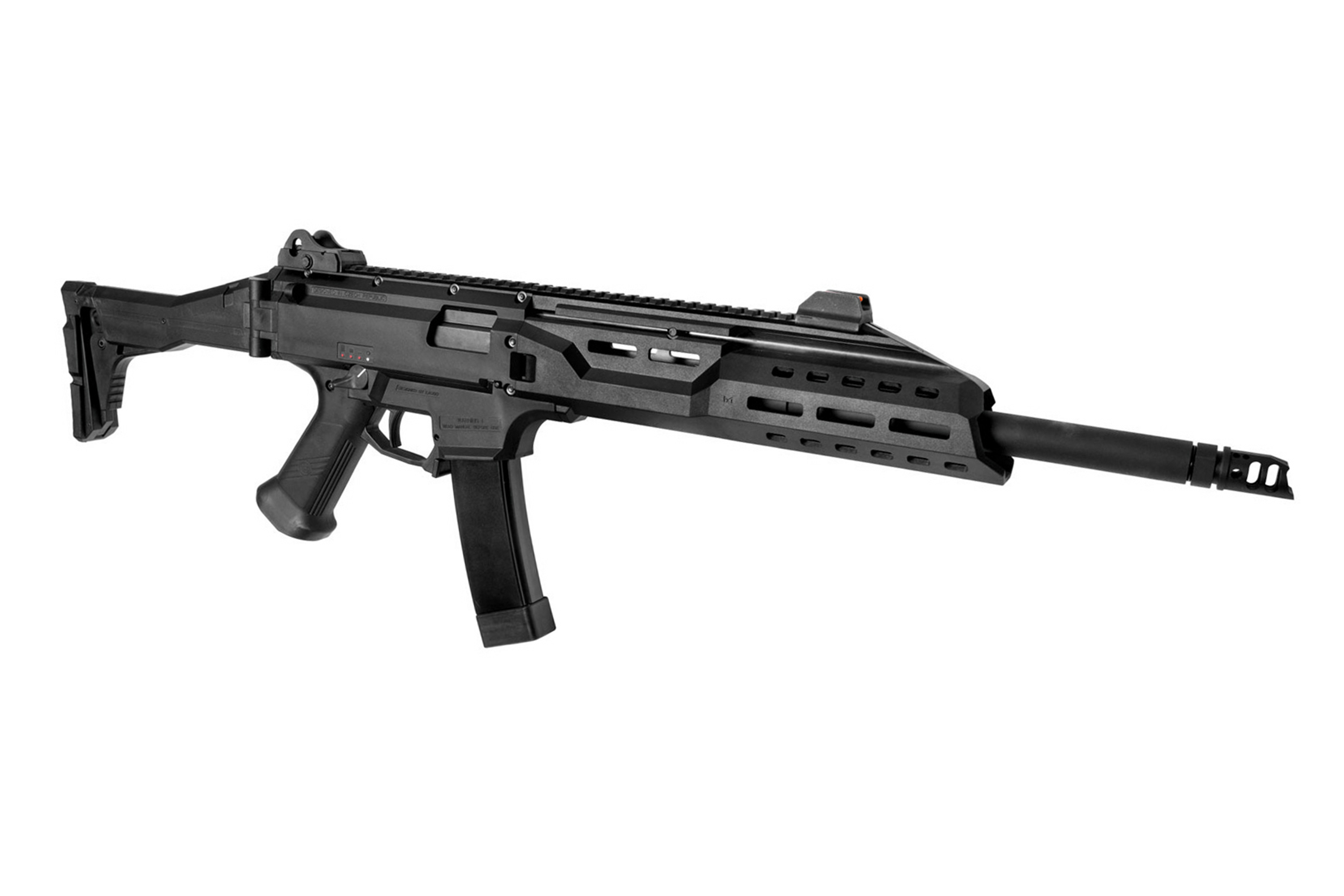 Schwarzes Karabiner-Luftgewehr CZ Scorpion EVO 3 S1 mit taktischem Handschutz, verstellbarem Schaft und Mündungsbremse, Seitenansicht.