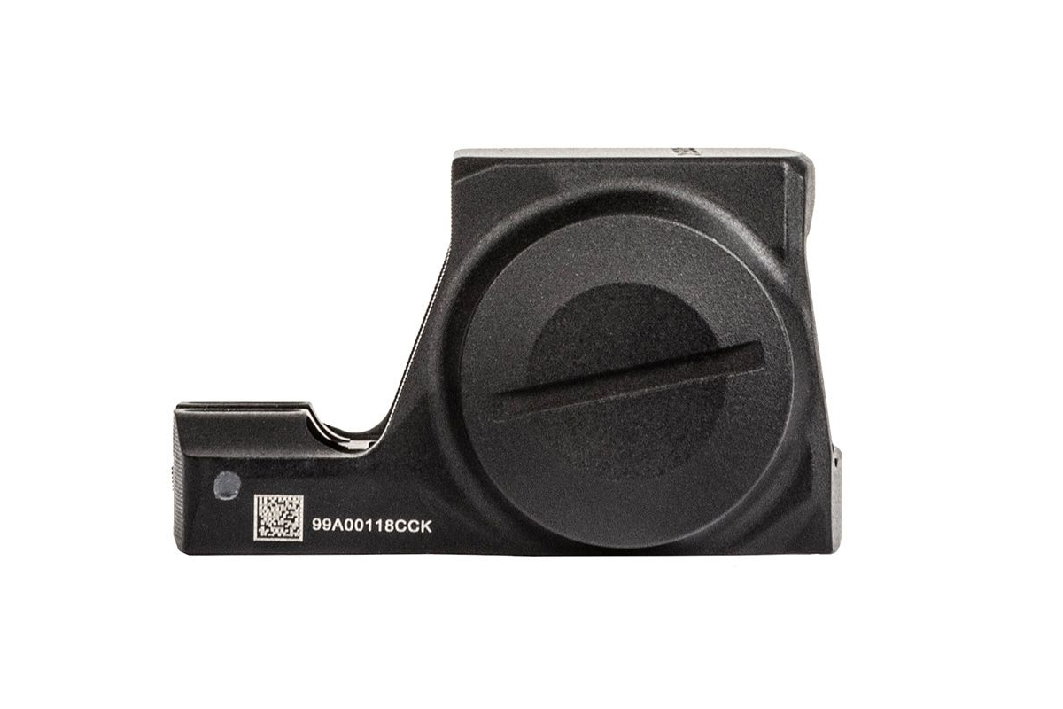 Mattschwarzer Batteriefachdeckel für ein Leuchtpunktvisier mit Schlitzschraubenkopf und eindeutigem Seriencode.