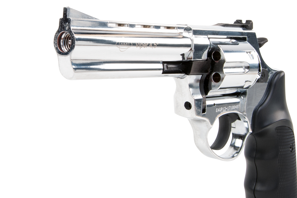 GSG Viper 4,5-Zoll-Chrom-Luftrevolver mit polierter Silberoberfläche und schwarzem, ergonomischem, gummiertem Griff.