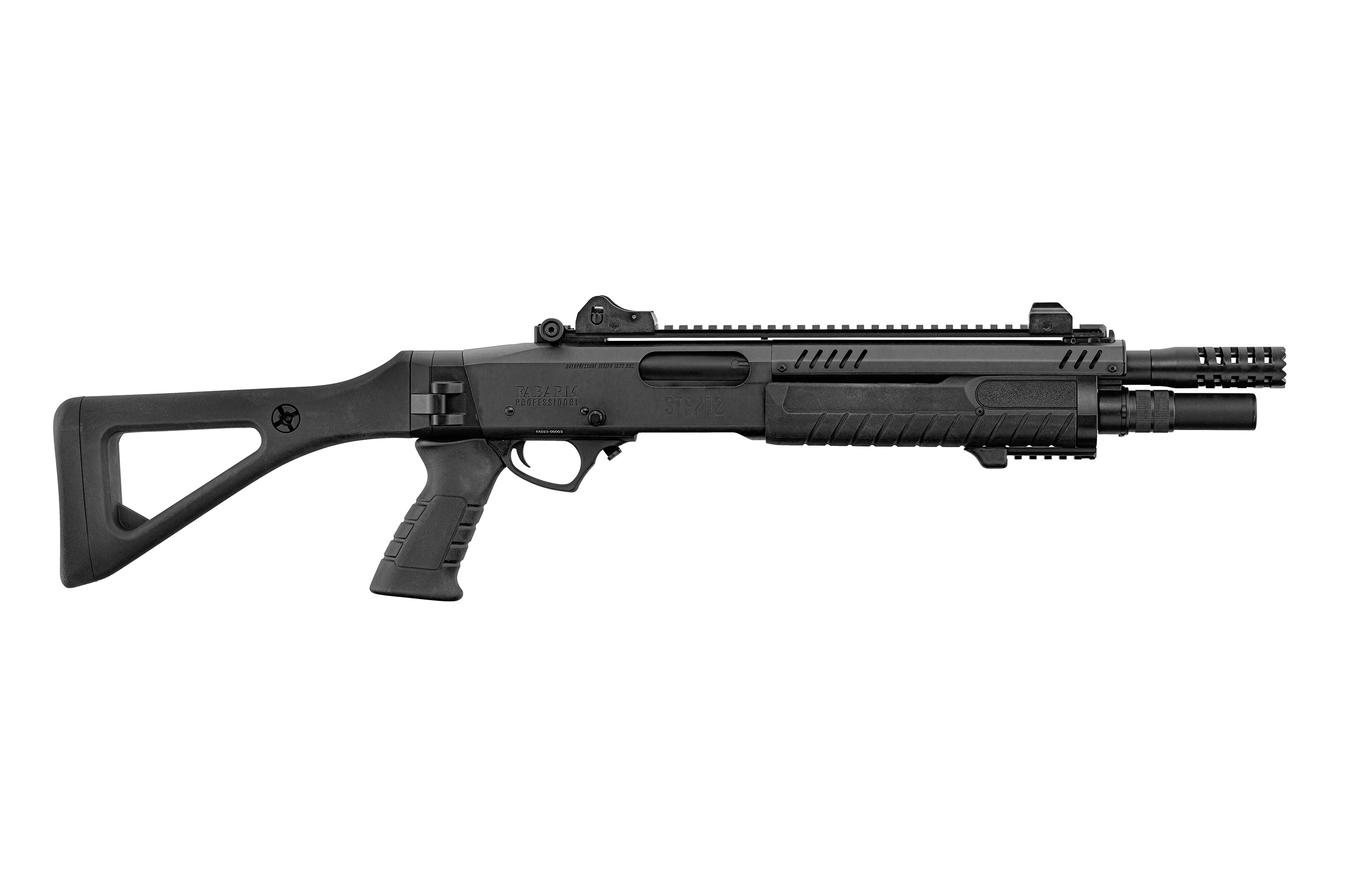 Taktische Schrotflinte Fabarm STF 12 in Schwarz mit festem Schaft, Pistolengriff und oberer Schiene für Optik und Zubehör.