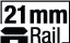 Symbol für 21mm Schiene mit Text „21mm Rail“ und stilisierter Schienen-Grafik, zeigt Kompatibilität mit 21mm Montageschienen.