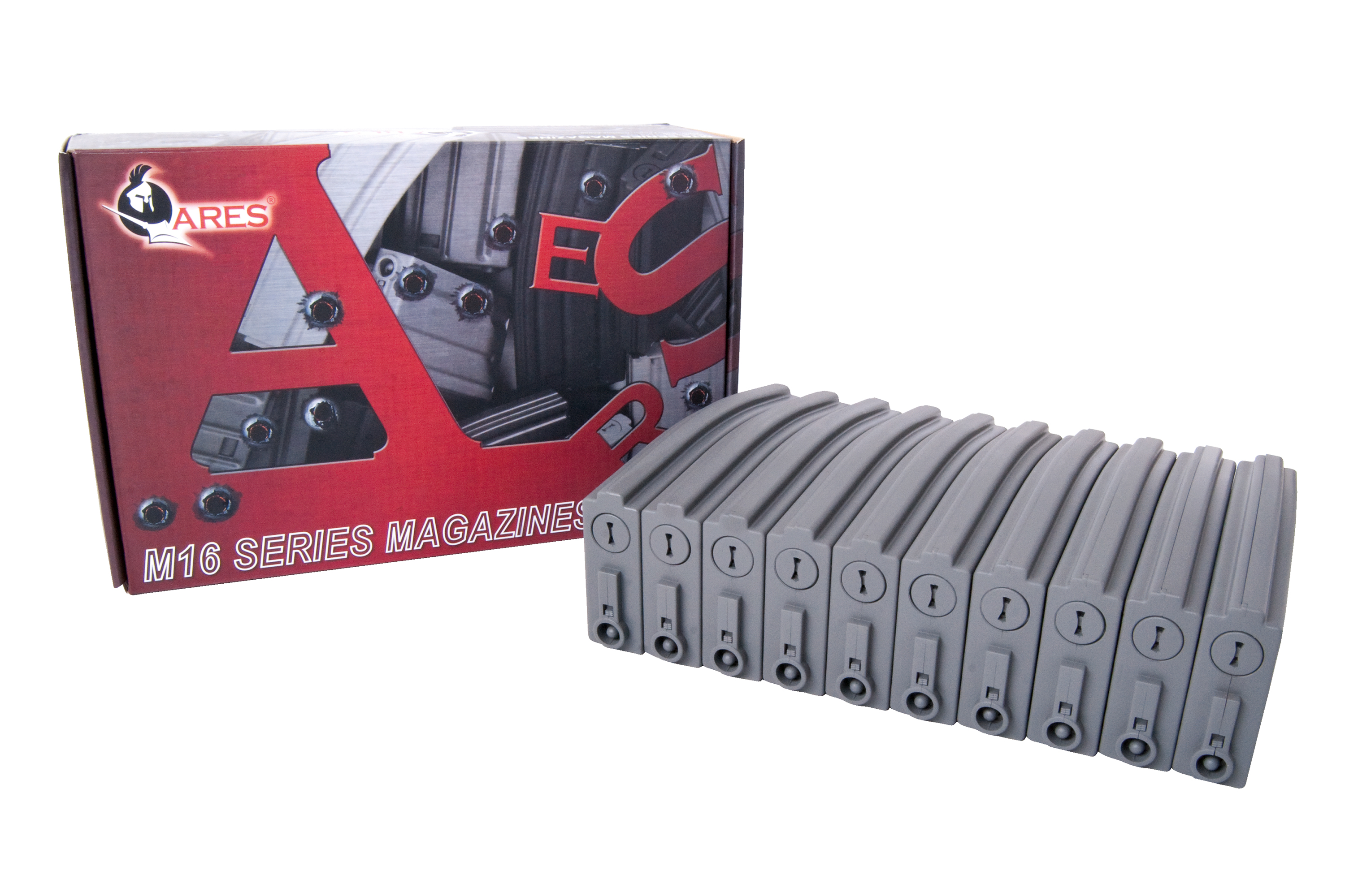 Airsoft-Magazine der Ares M16-Serie in Grau, 10er-Set mit original roter und schwarzer Markenproduktverpackung.