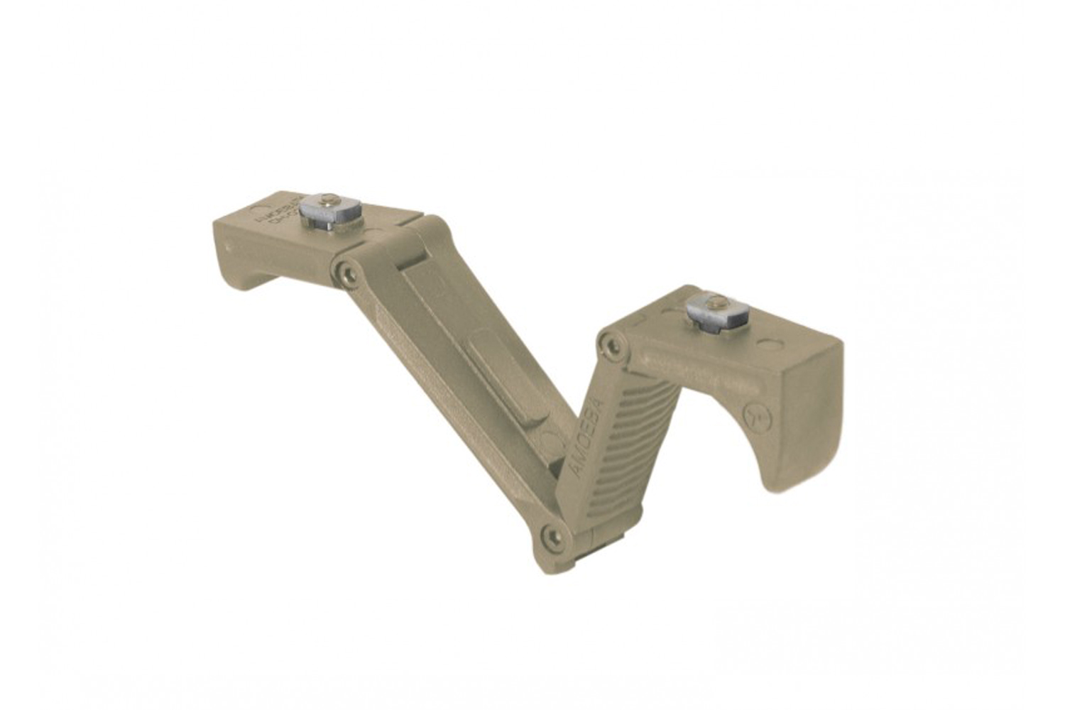 Hellbrauner, klappbarer Amoeba-Vordergriff für Airsoft-Gewehre mit strukturiertem Polymerdesign und zwei Befestigungspunkten.