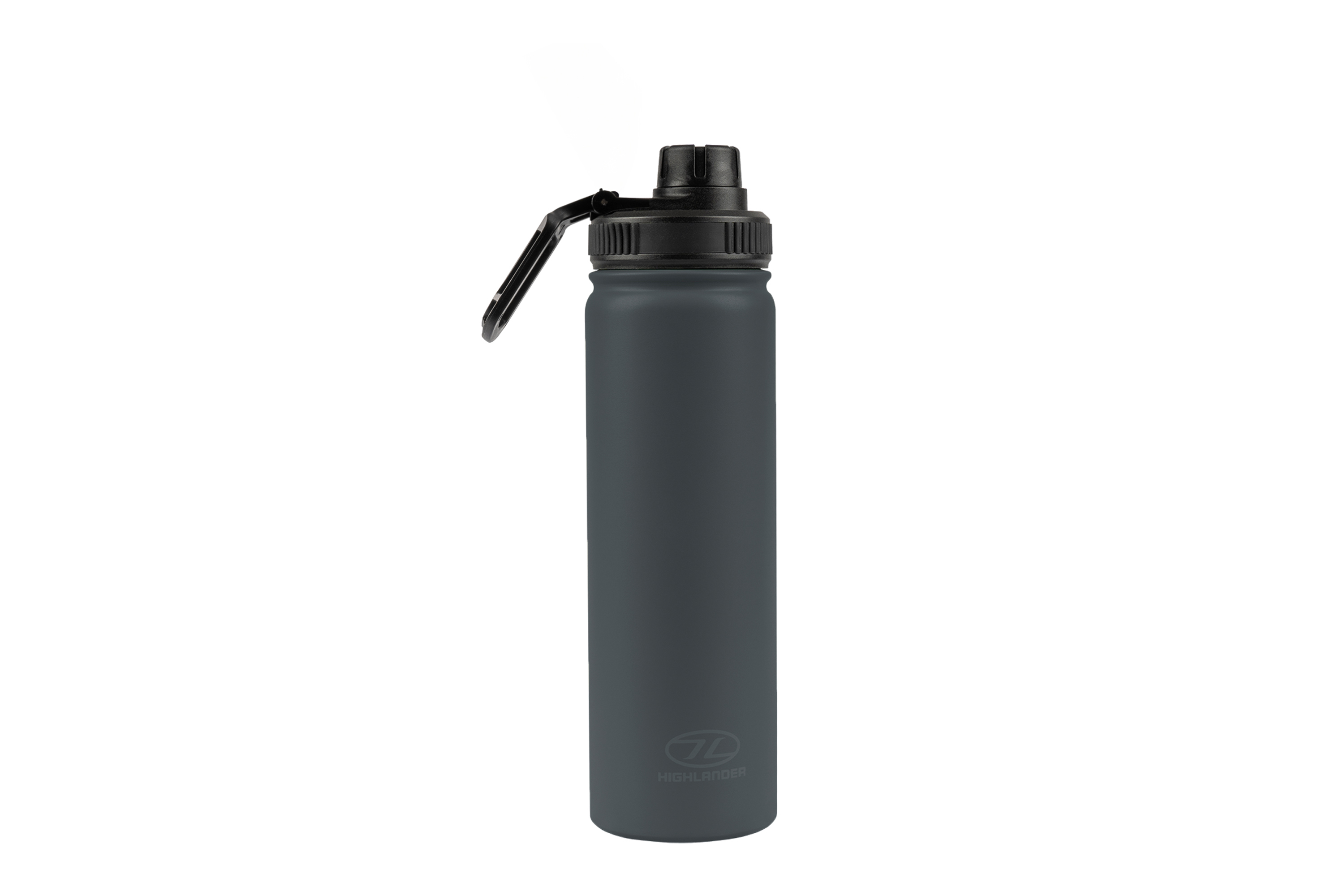 Eine mattgraue Highlander-Outdoor-Wasserflasche mit schwarzem Schraubverschluss und integrierter Trageschlaufe auf weißem Hintergrund.