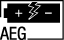 Schwarz-weißes AEG-Icon mit Batteriesymbol, Plus- und Minuspol sowie Blitz in der Mitte, symbolisiert Batterie- oder Akkubetrieb bei Langwaffen.