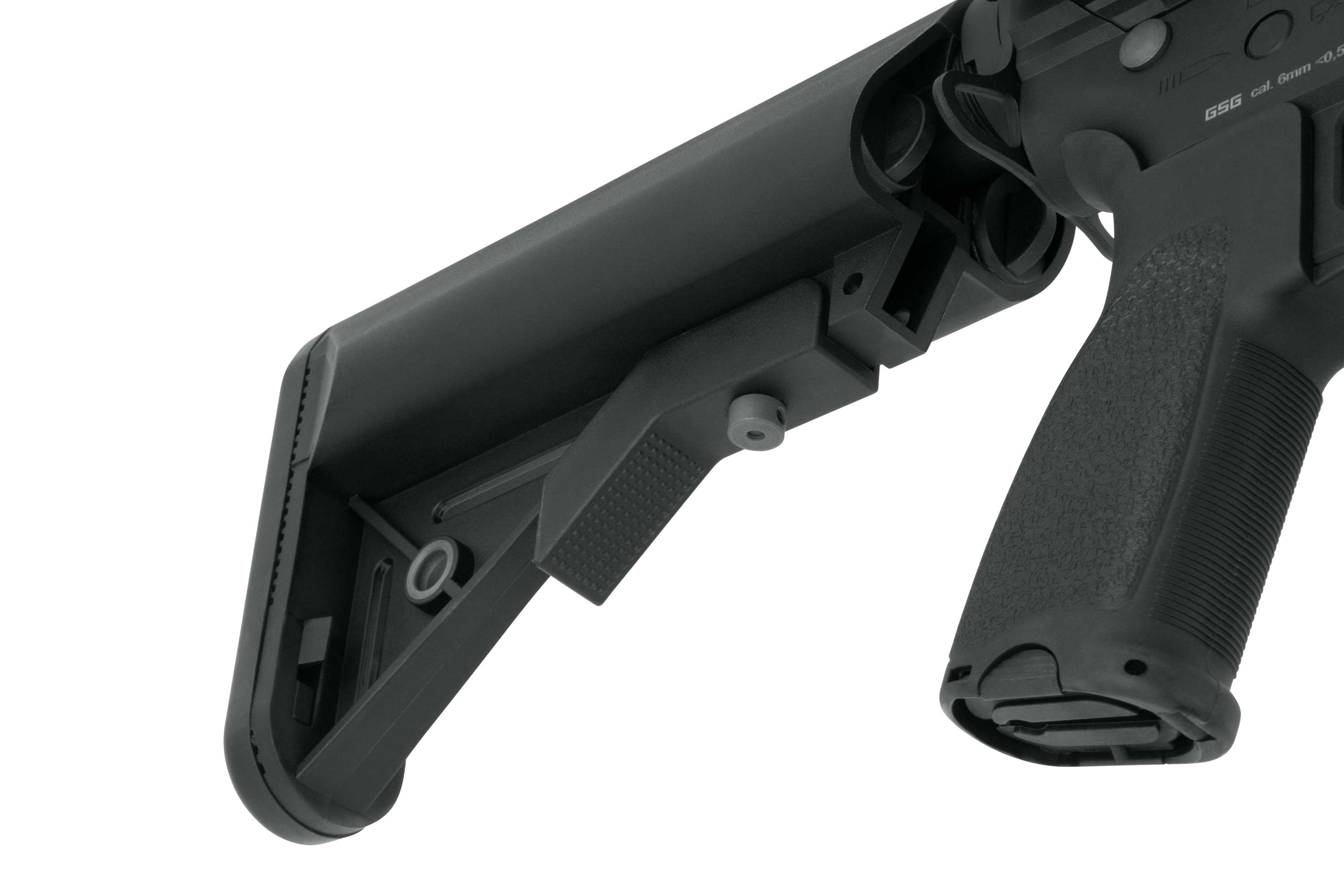 Schwarzer Evolution-Airsoft-Karabiner mit M-LOK-Handschutz, verstellbarem Schaft, vertikalem Griff und Visier auf dunklem Hintergrund.